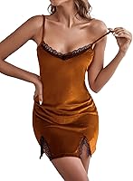 Vista 6 de LYANER Camisón de terciopelo sin mangas con dobladillo dividido y encaje en contraste para mujer