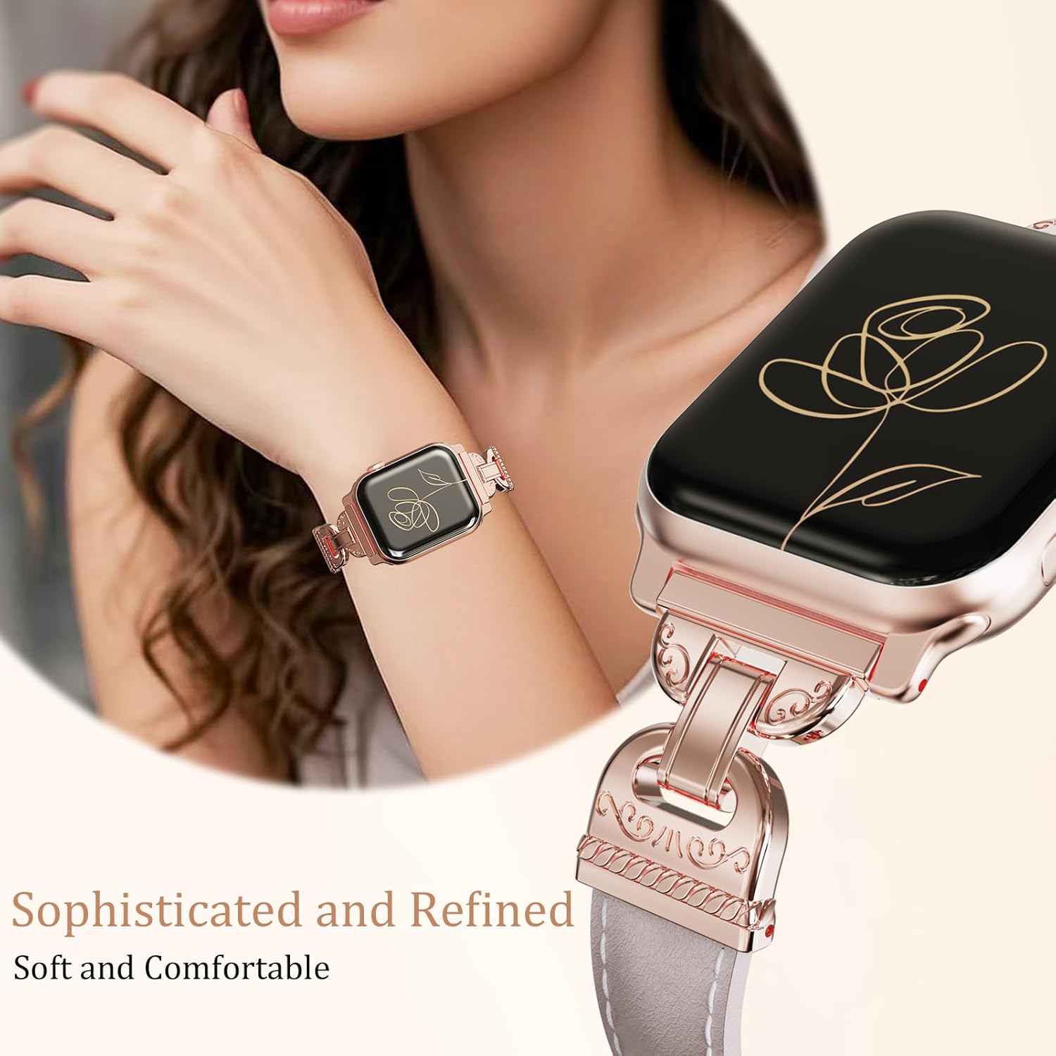 Slim Leather Band Compatible with Apple Watch Bands Women 38/40/41/42mm Dressy Thin Strap with Designer Interlock Buckle for iWatch Series 10/9/SE/8/7/6/5/4/3/2/1, Starlight/Rose Gold - Image 3