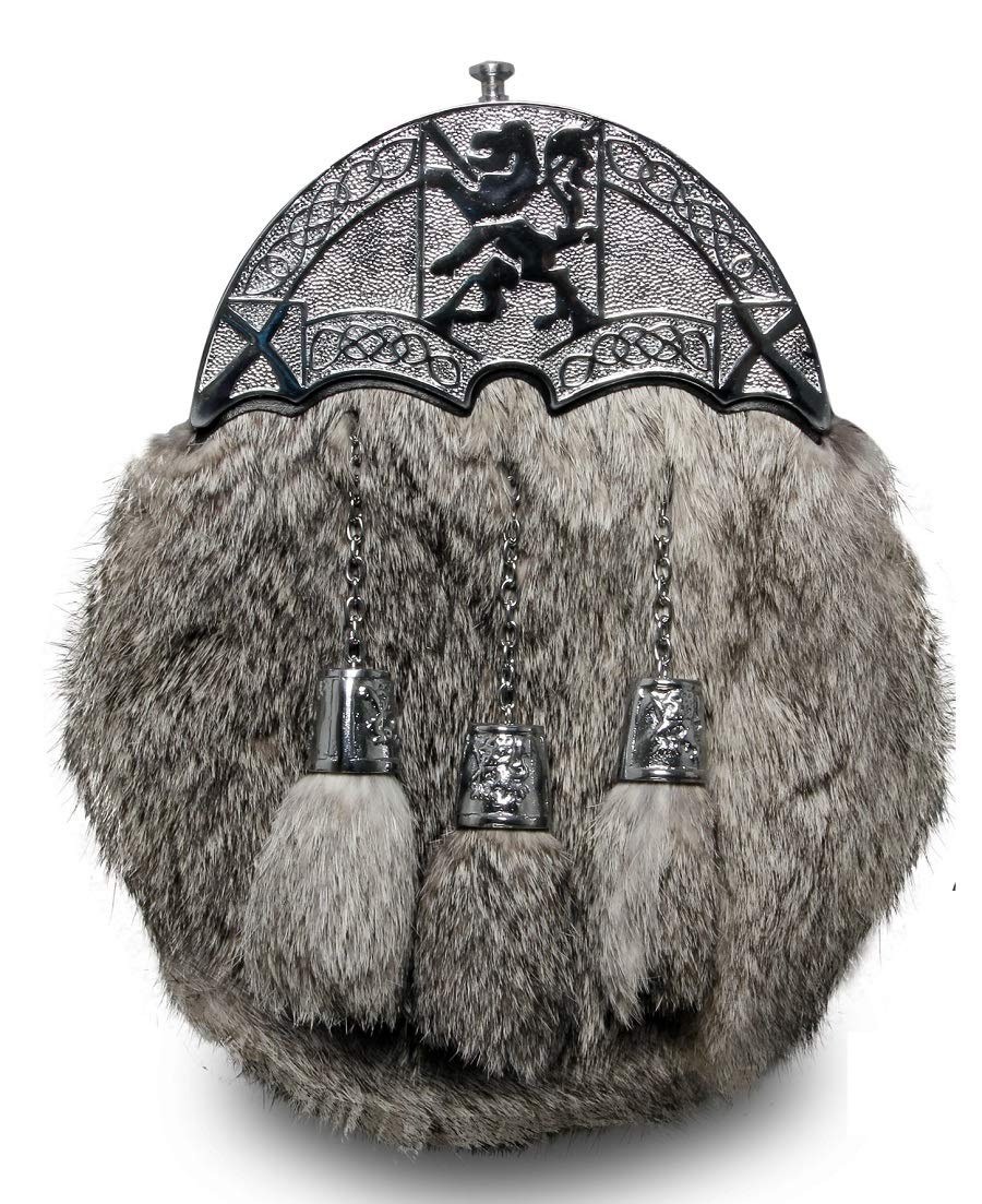 SHYNE KILTS U.K SCOTTISH FULL DRESS SPORRAN GREY LION RAMPANT CHROME CANTLE