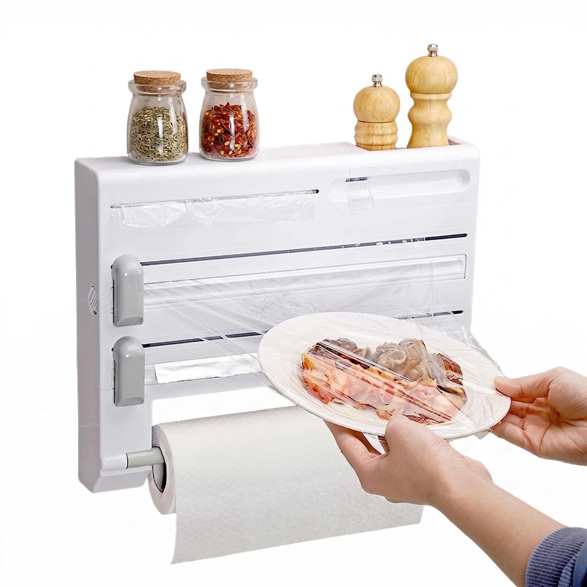 6 en 1 organizador de aluminio y película adhesiva con dispositivo de corte, soporte para toallas de cocina y estante de especias para montaje en pared