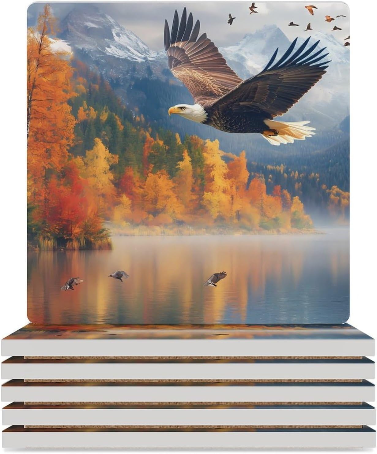Flying Eagle1 Autumn Funny Ceramic Coasters for Drinks Absorbent Cup Holder Tabletop Protector with Cork Base