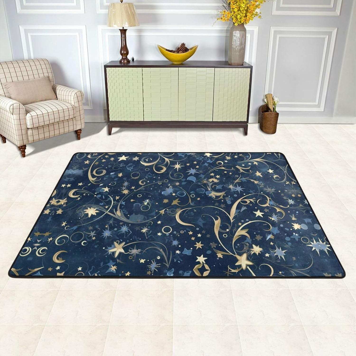 Navy Blue Sky and Stars Prints Anti-Slip Floor mat Carpet Rug 72"x48" for Living Room Office Coffee Table Bed Balcony