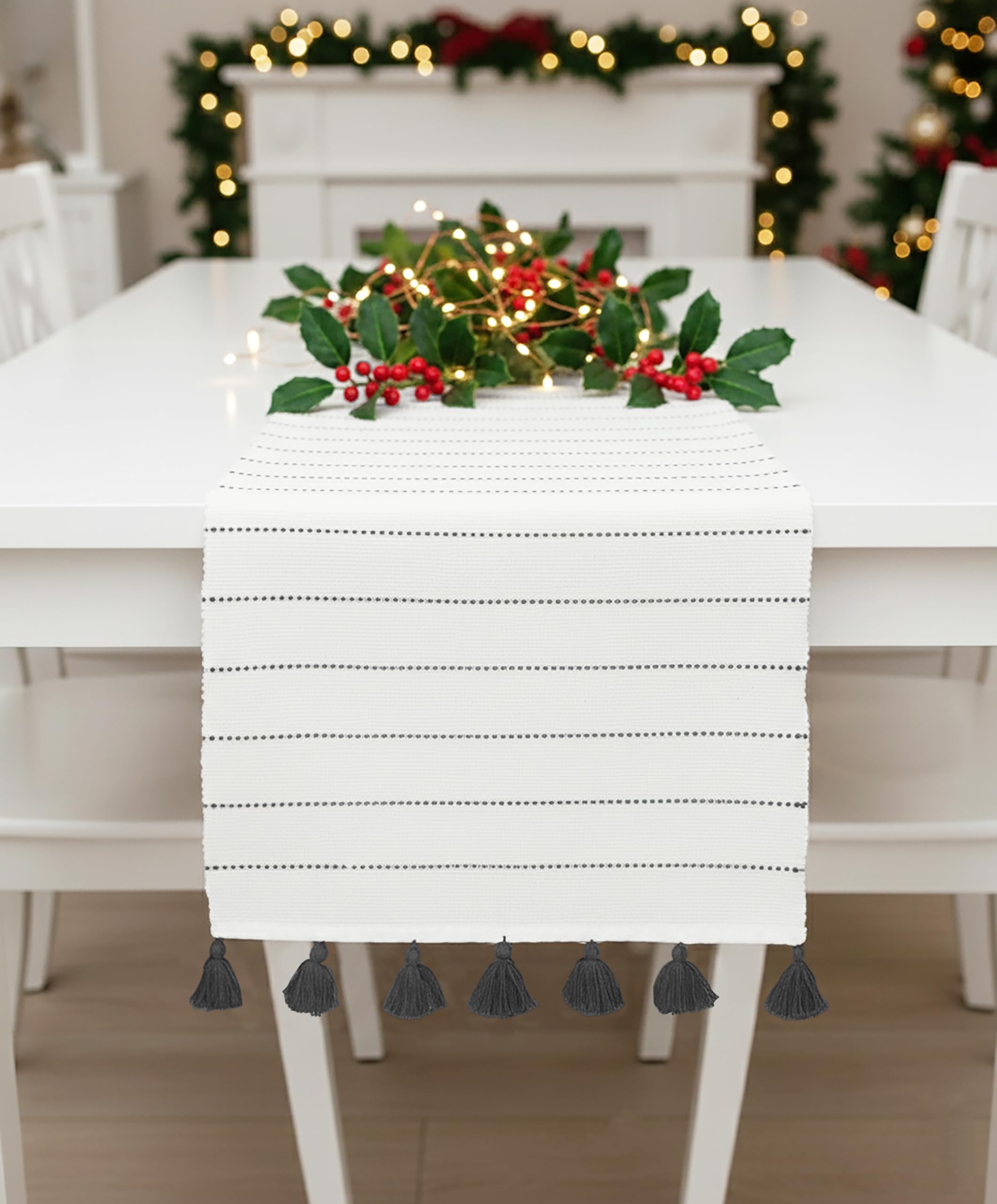 PurpleEssences Dobby - Camino de mesa tejido acanalado a rayas para Navidad, casa de campo, comedor, 14 x 72 pulgadas, gris y blanco alto