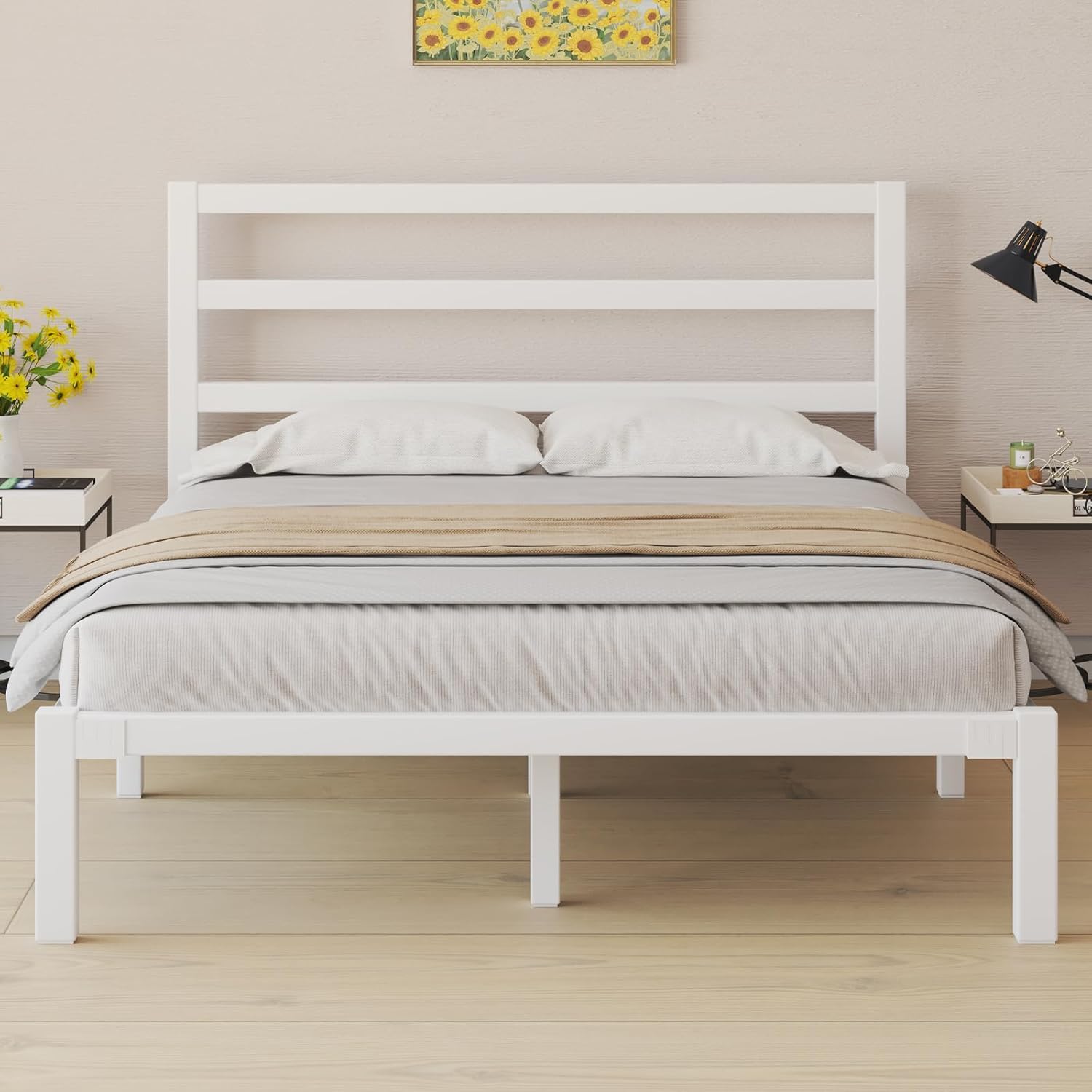 Queen Size Bed Frame, Metal Platform Bed Frame with Headboard, Large Under Bed Storage, Strong Metal Slats Support, No Box Spring Needed, Easy Assembly,White