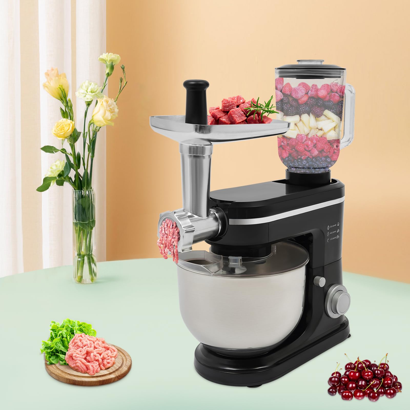 Robot kuchenny, mikser stojący, maszyna do mięsa, 1,5 l, wyciskarka do soków, ugniatarka, 3 w 1, wielofunkcyjny mikser 1500 W, mikser z miską do blendera, ochrona przed pryskaniem, pojemnik na sok