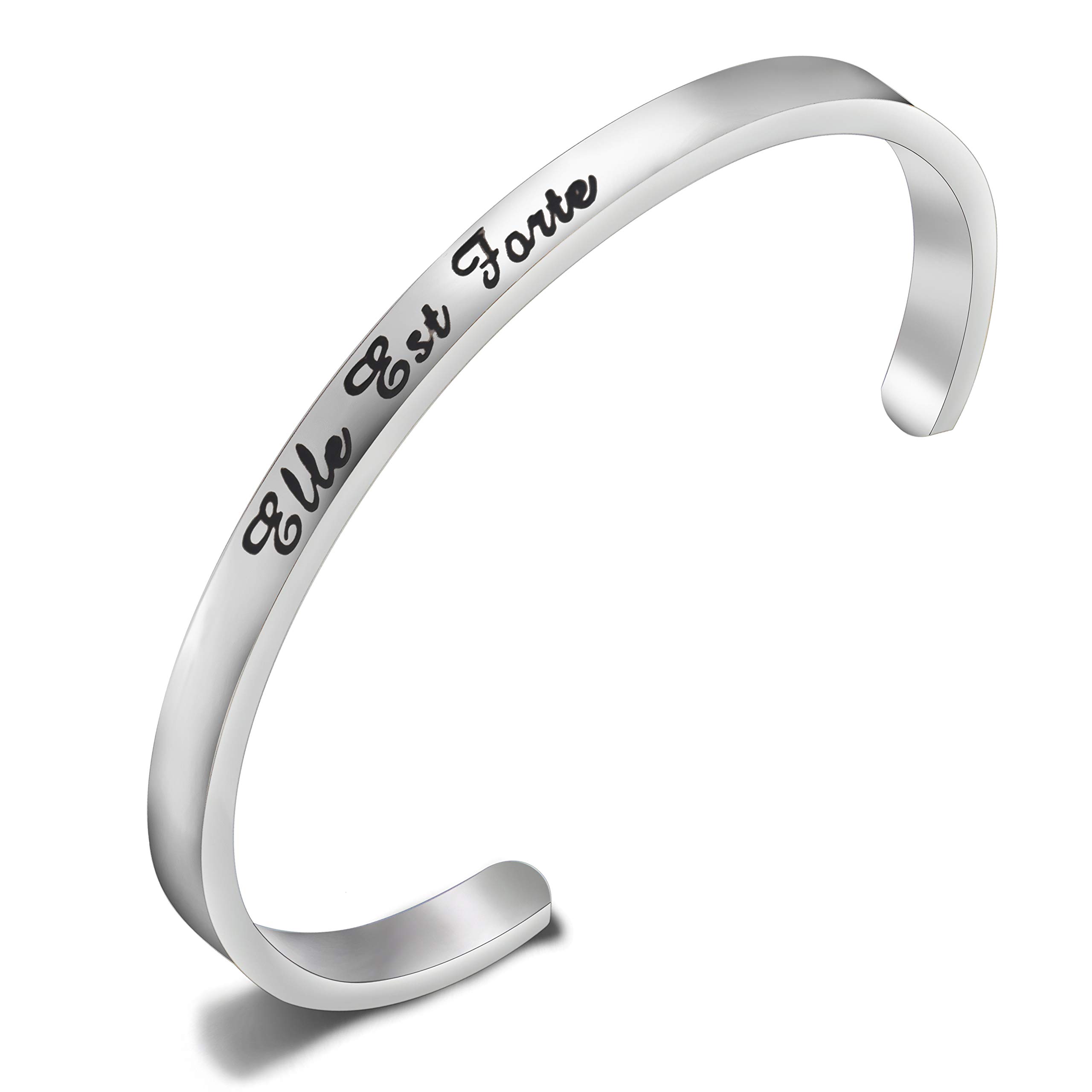 FEELMEMFeminist Gifts She is Strong Elle Est Forte French Quote Cuff Bangle Inspirational Gifts for Strong Women Girls