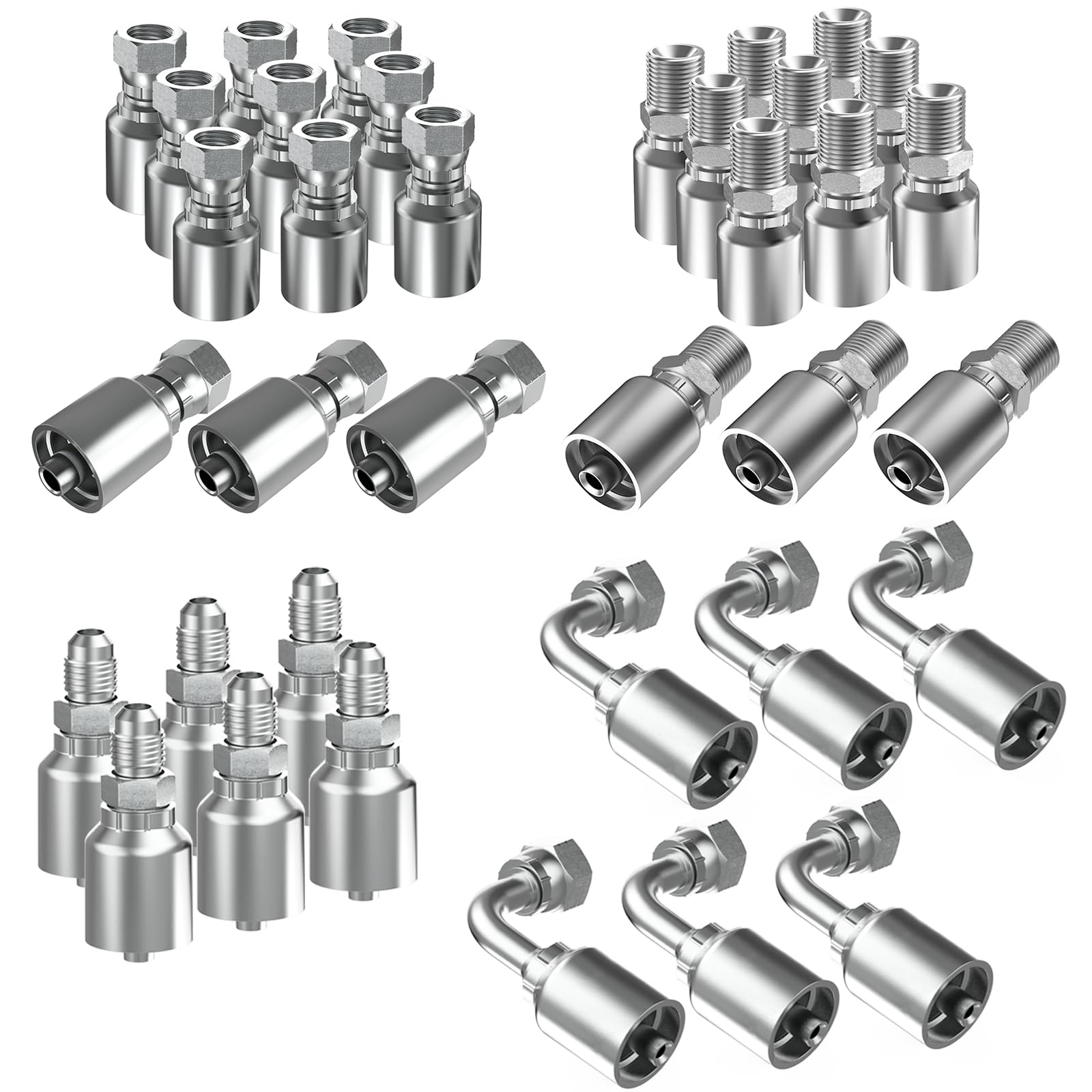 36PCS Hydraulic Hose Fittings 1/4" NPTF Male & JIC 37° Female & Male & Female 90° Elbow, Hydraulic Hose Crimp Fitting Ends for Air Hose Repair Kit - 1