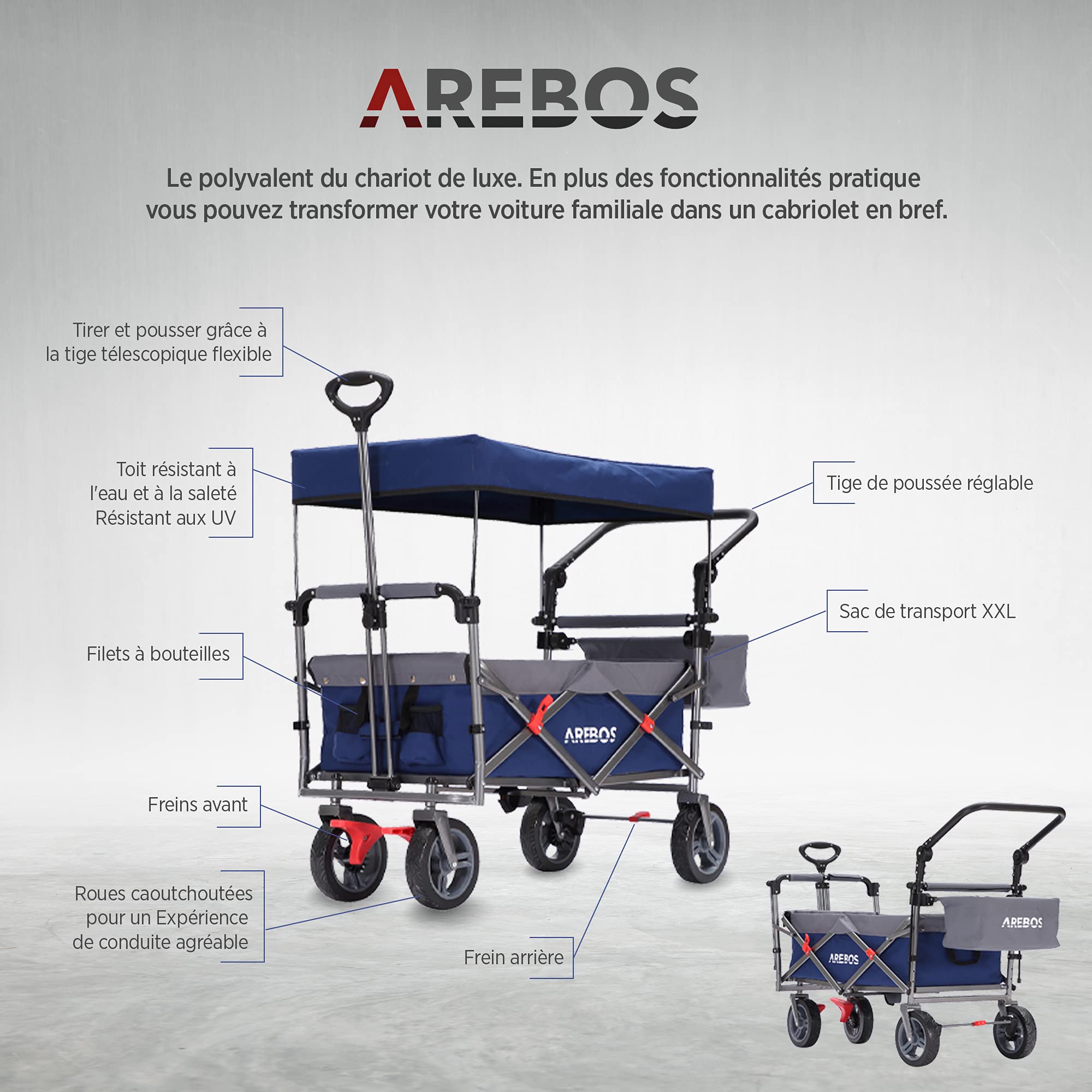 Arebos Chariot de Transport Pliable de qualité supérieure avec Toit | Chariot de Transport | Pliable | Jusqu'à 100 kg | Frein Avant et arrière | Bleu