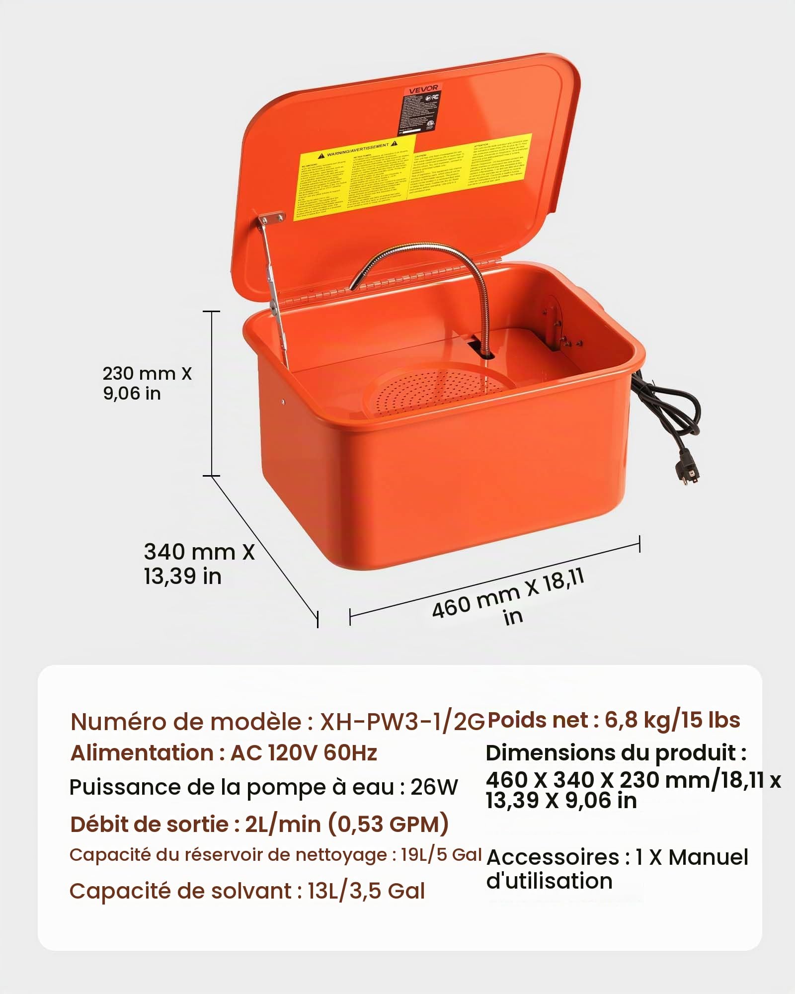 VEVOR Fontaine de Nettoyage, Fontaine de Dégraissage, Cuve de Nettoyage 19 L, Capacité Solvant 13 L, Bac de Lavage pour Pièces Mécaniques Auto Garage Atelier, Nettoyeur Portable avec Pompe Électrique