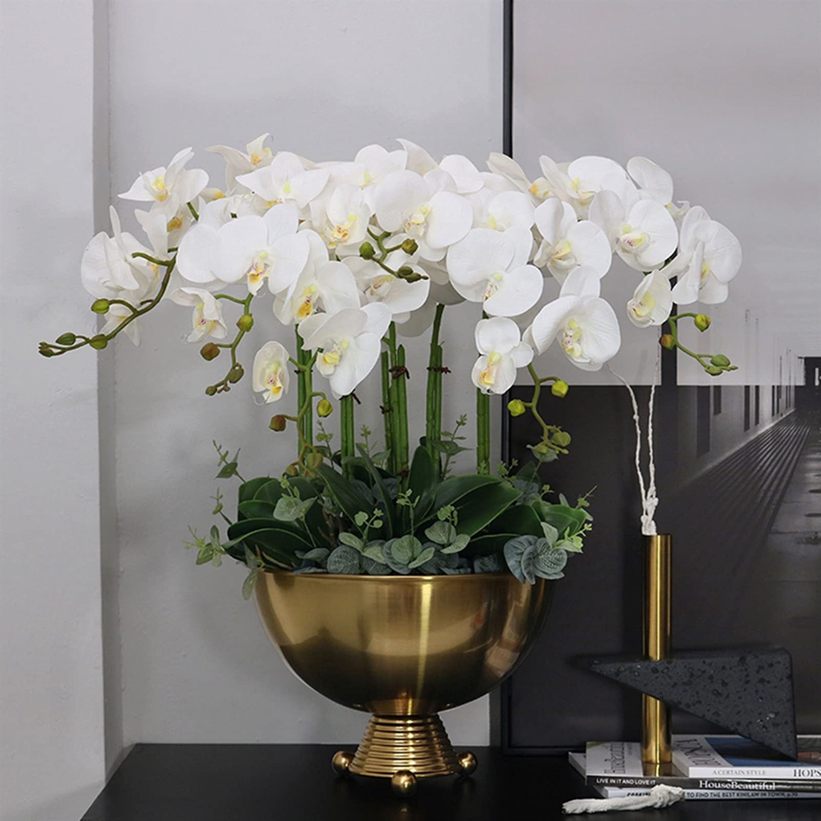 Kunstpflanze mit Übertopf Große künstliche Orchidee Anordnung Blume mit Goldener Vase, Faux Phalaenopsis Bonsai für Home Office Hochzeitsdekoration Ornament künstliche Blumenarrangements