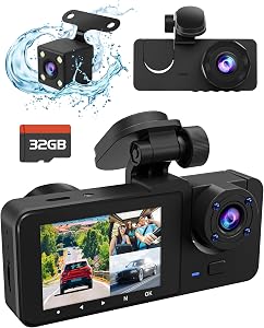 3 Channel Dash Camera, Dash Cam Front and Rear Inside, 4K UHD 170 Deg Wide Angle Dashboard Camera with 32GB SD Card, Built in IR Night Vision,Loop Recording,24H Parking Monitor, Accident Lock
