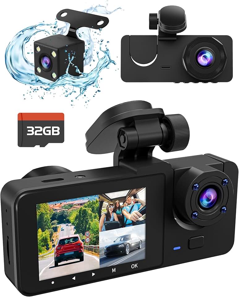 3 Channel Dash Cam,4K+1080P Dash Cam Front and Rear Inside,Triple Car Camera, Dash Camera for Cars with 32GB Card,Built-in 170°Wide Angle,2’’ IPS Display,24Hr Parking,Night Vision,Accident Lock