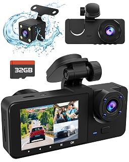 3 Channel Dash Cam,4K+1080P Dash Cam Front and Rear Inside, Dash Camera for Cars, Triple Car Camera with 32GB Card,Built-in G-Sensor, 2’’ IPS Display Car Camera,Night Vision,Loop Recording - Amazon product rated Grade A