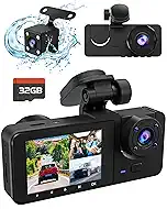 3 Channel Dash Cam,4K+1080P Dash Cam Front and Rear Inside, Dash Camera for Cars, Triple Car Camera with 32GB Card,Built-in G-Sensor, 2’’ IPS Display Car Camera,Loop Recording,24Hr Parking
