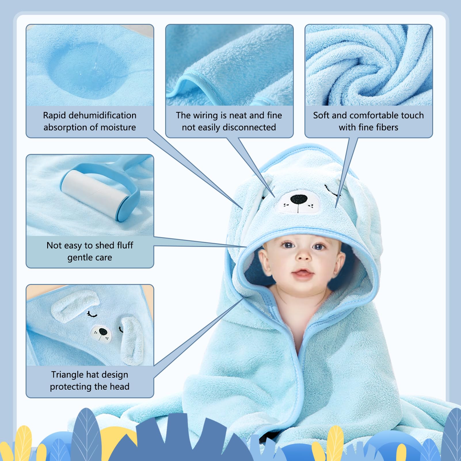 2 Pièces Serviette de Bain Capuche Bébé,Cape de Bain à Capuche,Serviette Housse,Sortie de Bain Bébé avec Design Animal,80 x 80 cm (Bleu et Blanc
