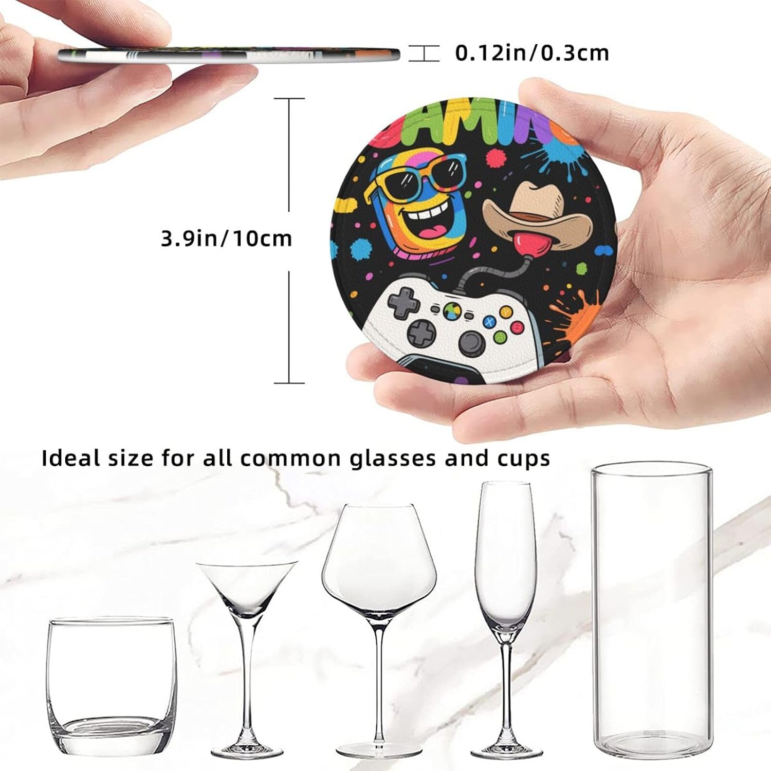 Leather Coasters for Drinks, 3.9" Drink Coasters Set of 6 with Holder Cup Coaster Non-Slip Bar Beer Beverage Coaster Funny Gaming Round Cup Mat Pad for Tabletop Protection image 3