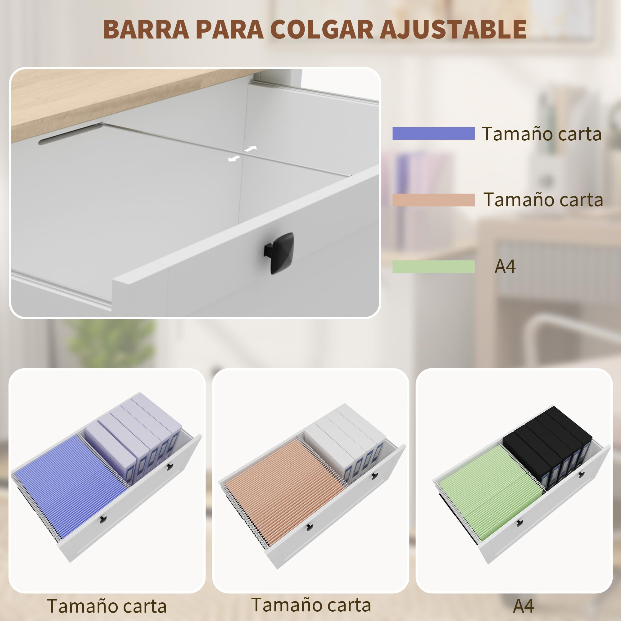 HOMCOM Cajonera de Oficina Mueble Archivador con 2 Cajones 2 Barras para Colgar 2 Llaves y Cerradura para Papel Tamaño A4 para Estudio Sala de Estar 79x40x72 cm Roble y Blanco