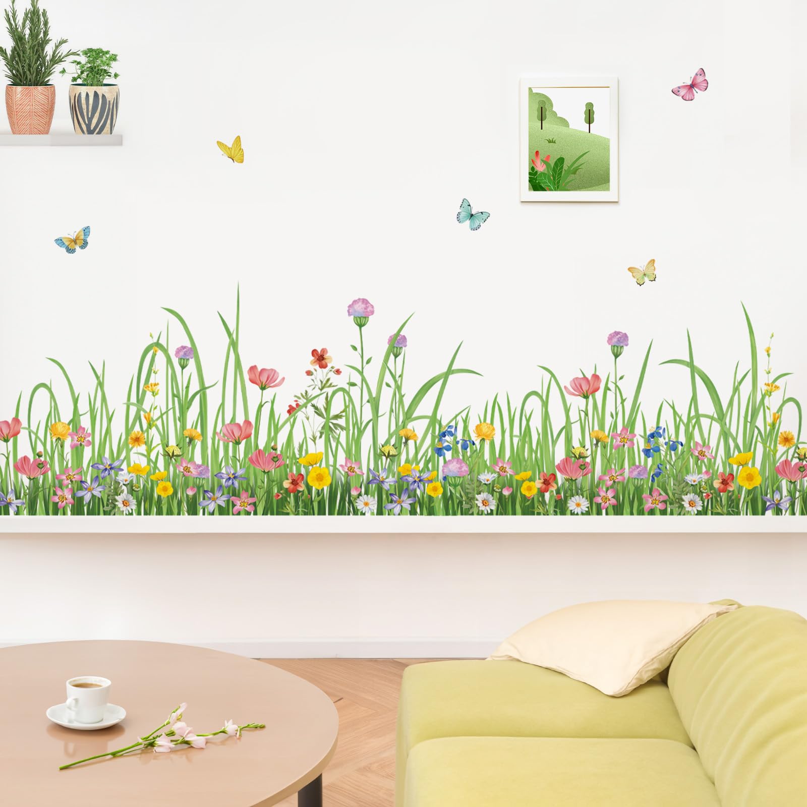 wondever Green Grass Floral Wall Corner Stickers Wildflower Butterflies Baseboard Skirting Line Wall Decals for Living Room Bedroom Dining Room