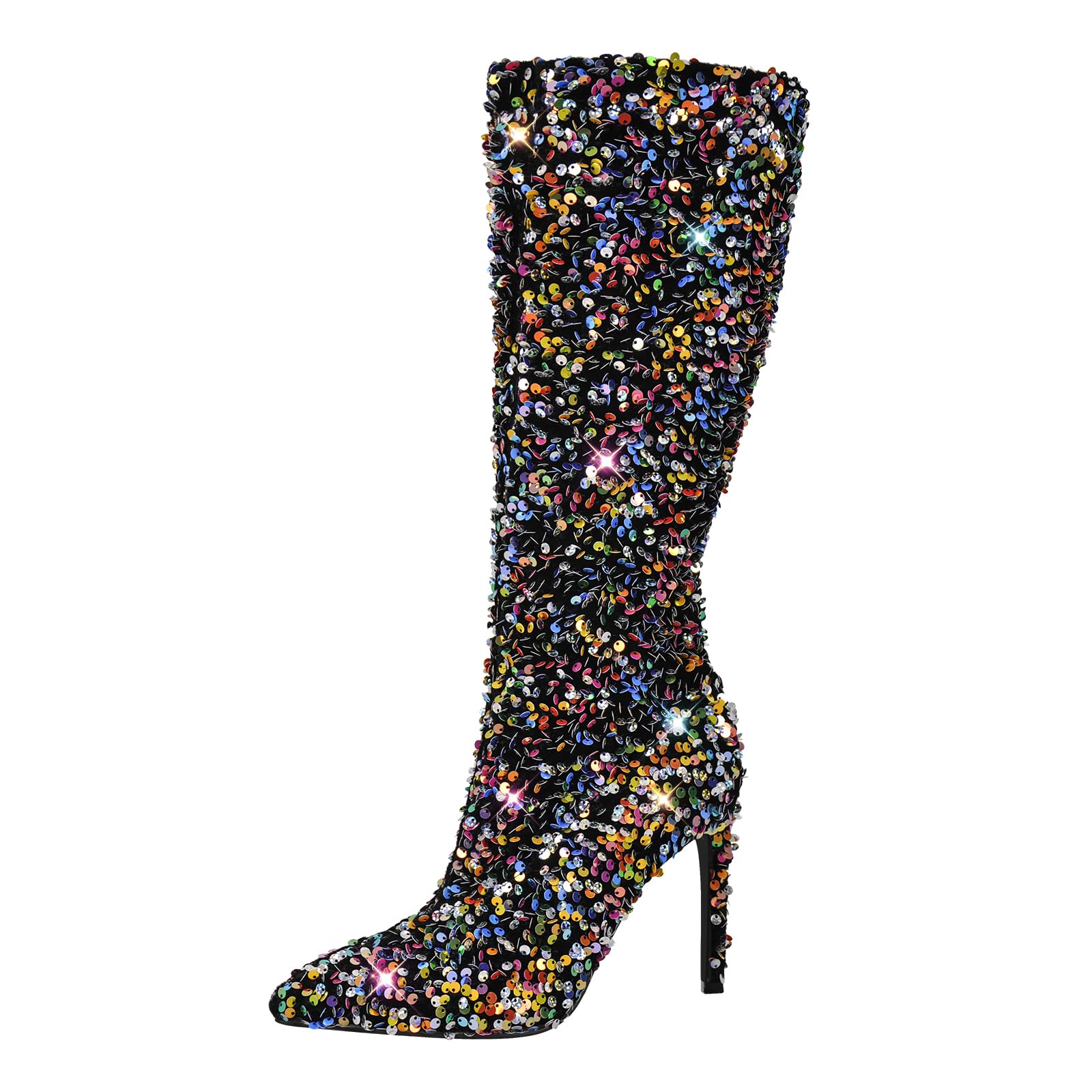 richealnini Stiletto Heel Boots for Women Pull On Mid Calf Boots with Sequins Sparkly Outside Shoes