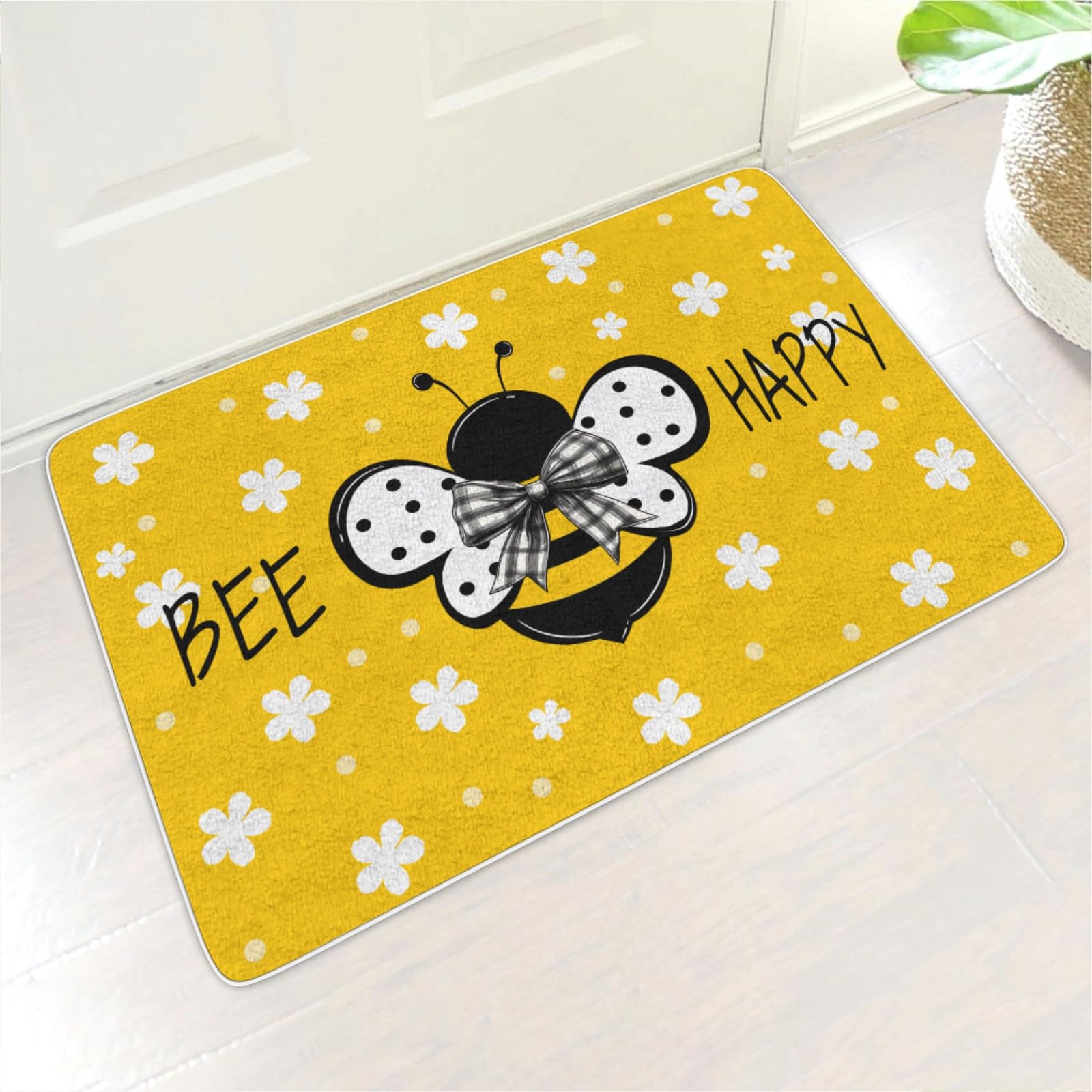Pynnlts Bee Bows Flowers Yellow Welcome Doormat Retro Bee Boho Floral Front Door Mat Spring Summer Farmhouse Non-Slip Entrance Door Rugs for Outside