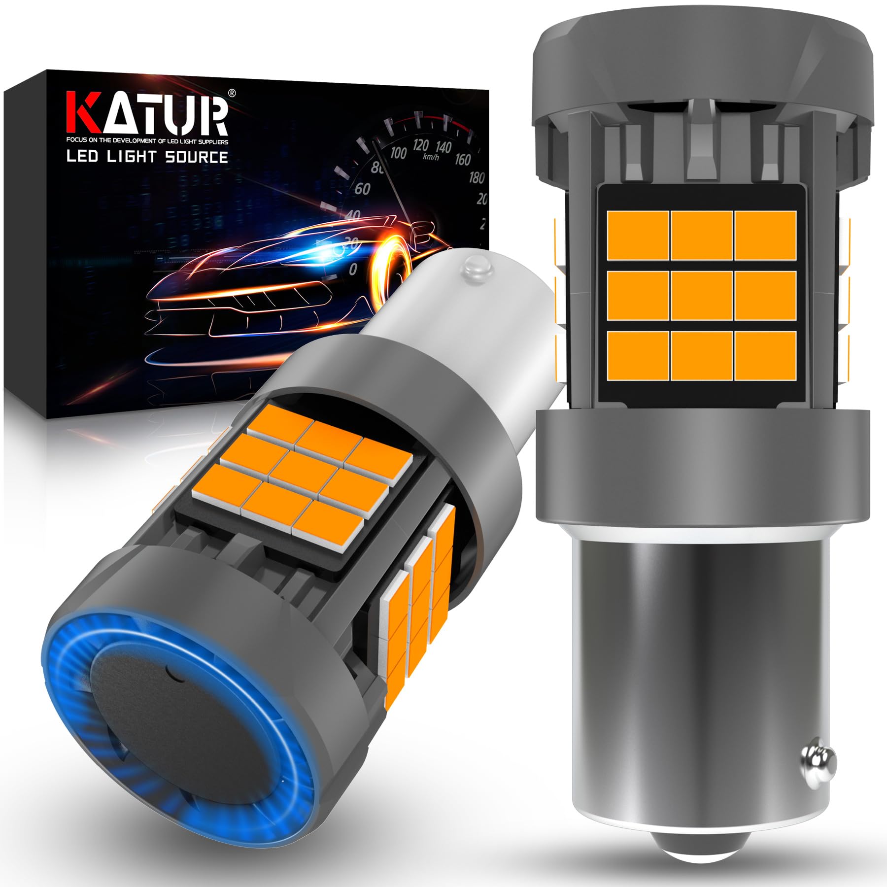 KATUR 1156 BAU15S LED Bulb, Canbus 500% Brightness 3000LM Amber Yellow with Cooling Fan 7507 PY21W LED for Turn Signal Light 2PCS