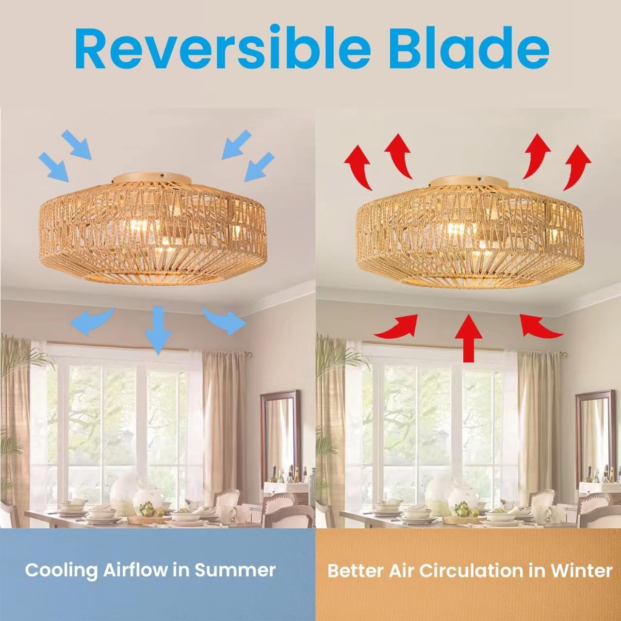 20" Beige Woven Metal Flush Mount Ceiling Fan with Light and Remote