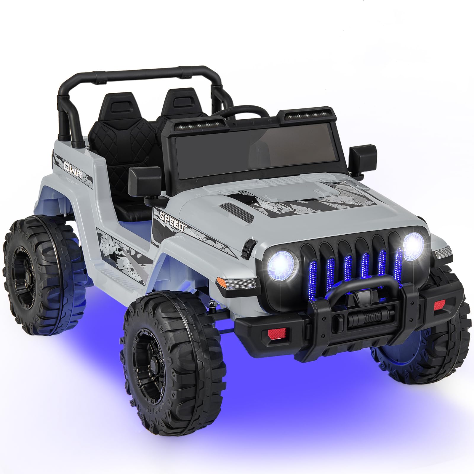 COSTWAY 12V Kids Ride on Truck, Battery Powered Electric Cars with Remote Control, LED Lights, Safety Belt, Bluetooth, Music & Horn, High/Low Speeds Ride on Toys for Boys Girls (Grey)