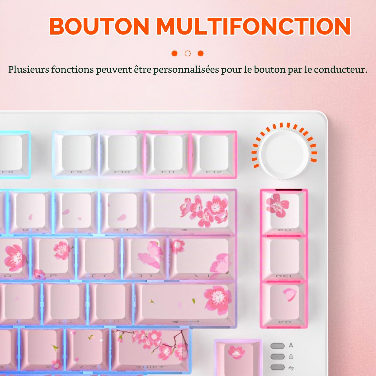 DAREU EK75PRO Sakura Pink Clavier Mécanique Sans Fil,75% RGB Hot Swap Creamy Clavier Gamer Mécanique avec Knob,2.4Ghz/BT5.1/USB-C,Gasket Mount,PBT Side-printed Keycaps,Linear Cloud Switch pour Win/MAC