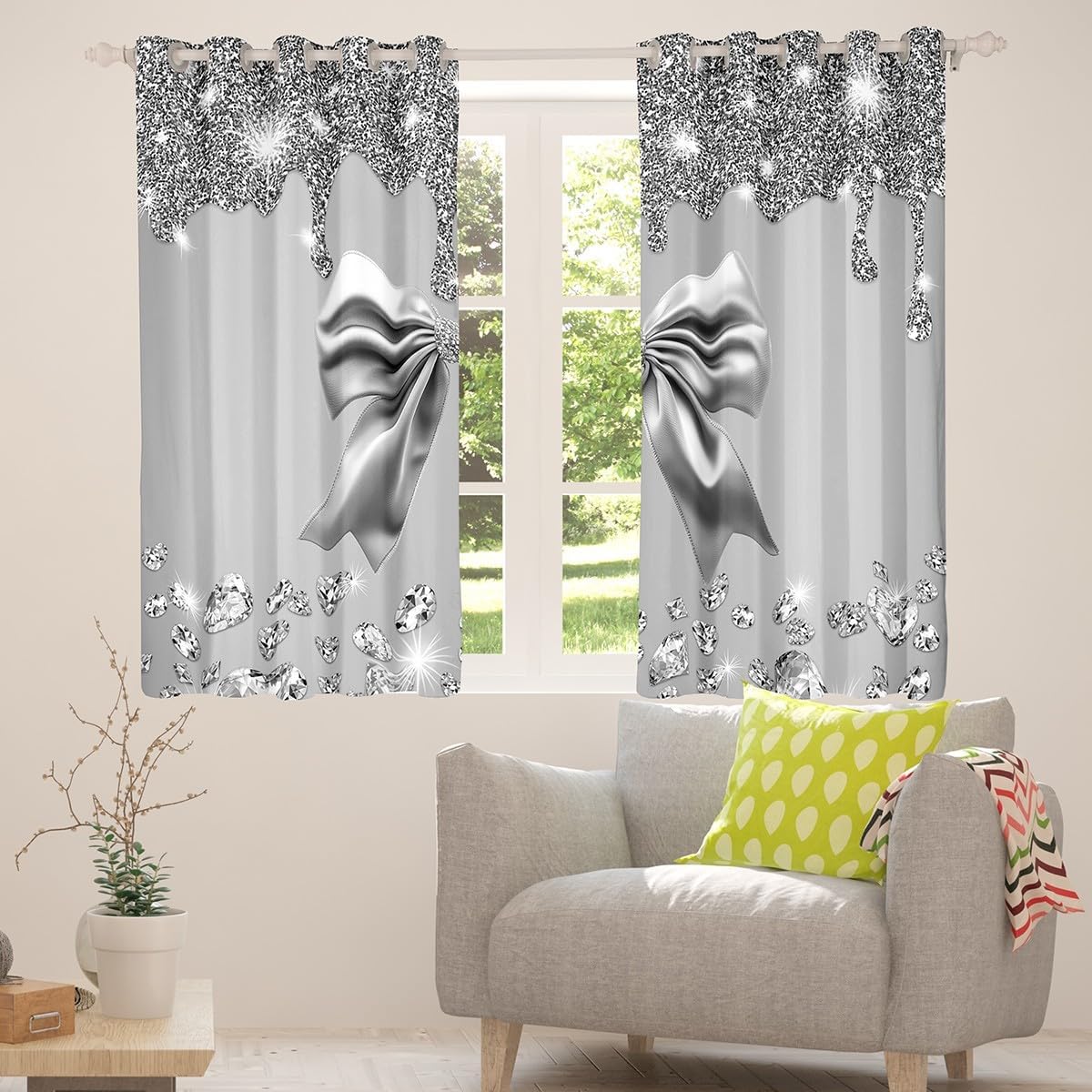 Grey Bow Knot Blackout Curtains for Living Room,Grey Glitter Diamond Window Curtains 2 Panels 42"Wx90"L Inch,Sparkling Cute Ribbon Bow Watercolor Bow Tie Dreamy Gray Bowknot Window Treatments Drapes