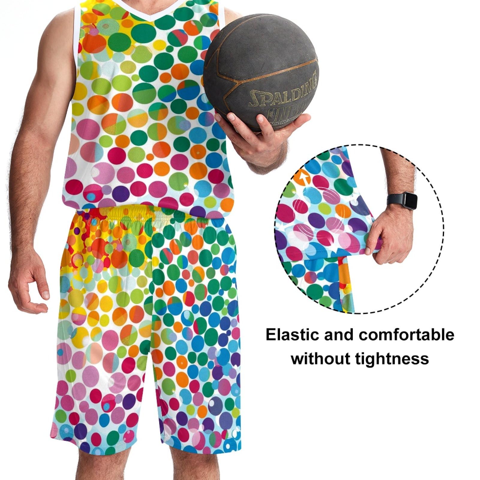Herren-Basketballanzug mit Taschen, Sportbekleidung für Männer, Teenager, Teamuniform, Kunst, bunte Punkte, Größe 5XL