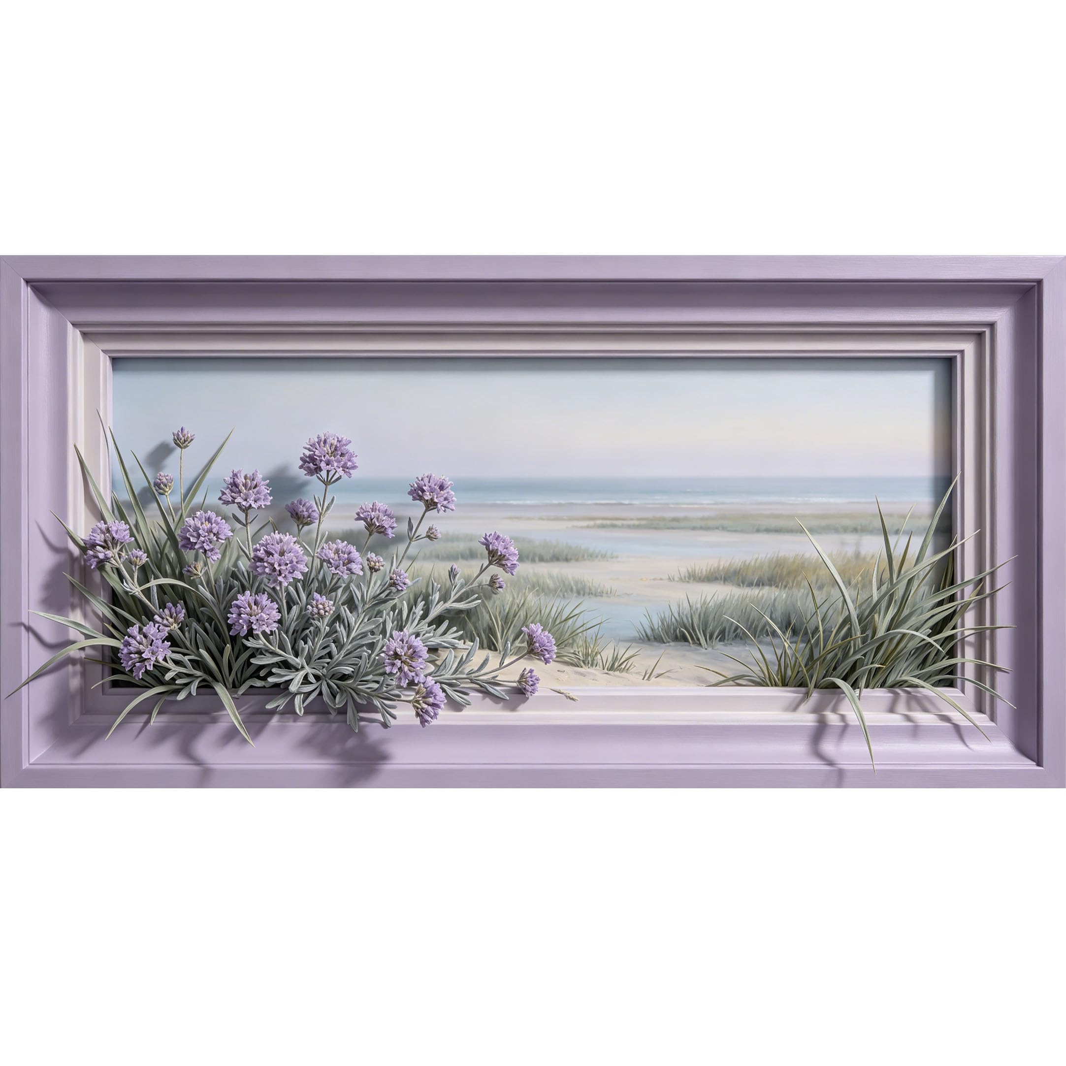 Agglomerix 3D Framed Wall Art Coastal Botanical Beach Dune Lavender Flowers Ocean Sand Large Size Self-Adhesive Removable Wall Decor Prints Artwork for Living Room Bedroom Office