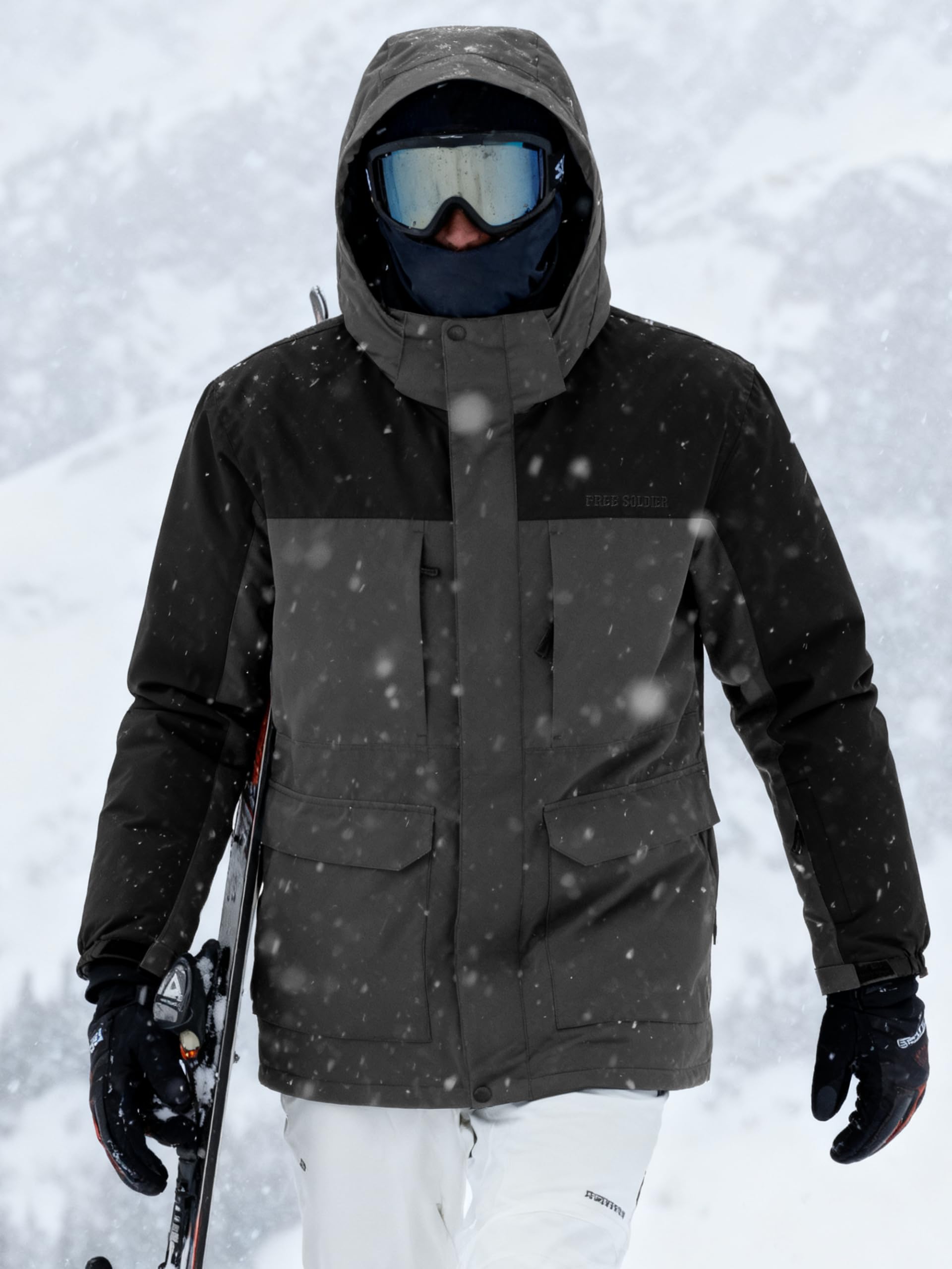 FREE SOLDIER Chaqueta de esquí impermeable para hombre con forro polar cálido cuello de nieve de invierno con capucha y costuras totalmente selladas