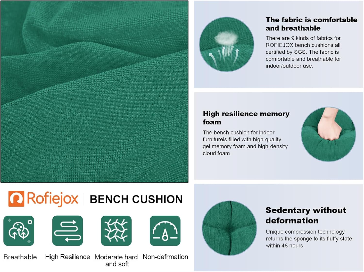 48 Inch Bench Cushion, Tufted Window Seat Cushion with High-Density Memory Foam, Soft Chenille Non-Slip Indoor Furniture Pad for Bay Window, Dining Bench, Entryway(Green, 48x16x4)