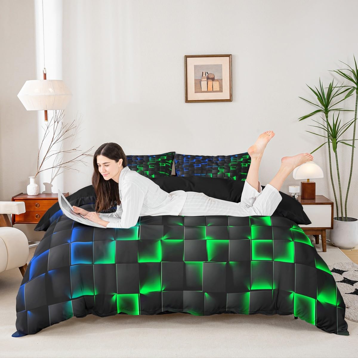 Homewish Geometric Checkered Duvet Cover King Neon Blue Green Bedding Set for Kids Boys Teen Gamer Room Decor Abstract Ombre Plaid Quilt Cover Grids Bed Set Black - Image 3