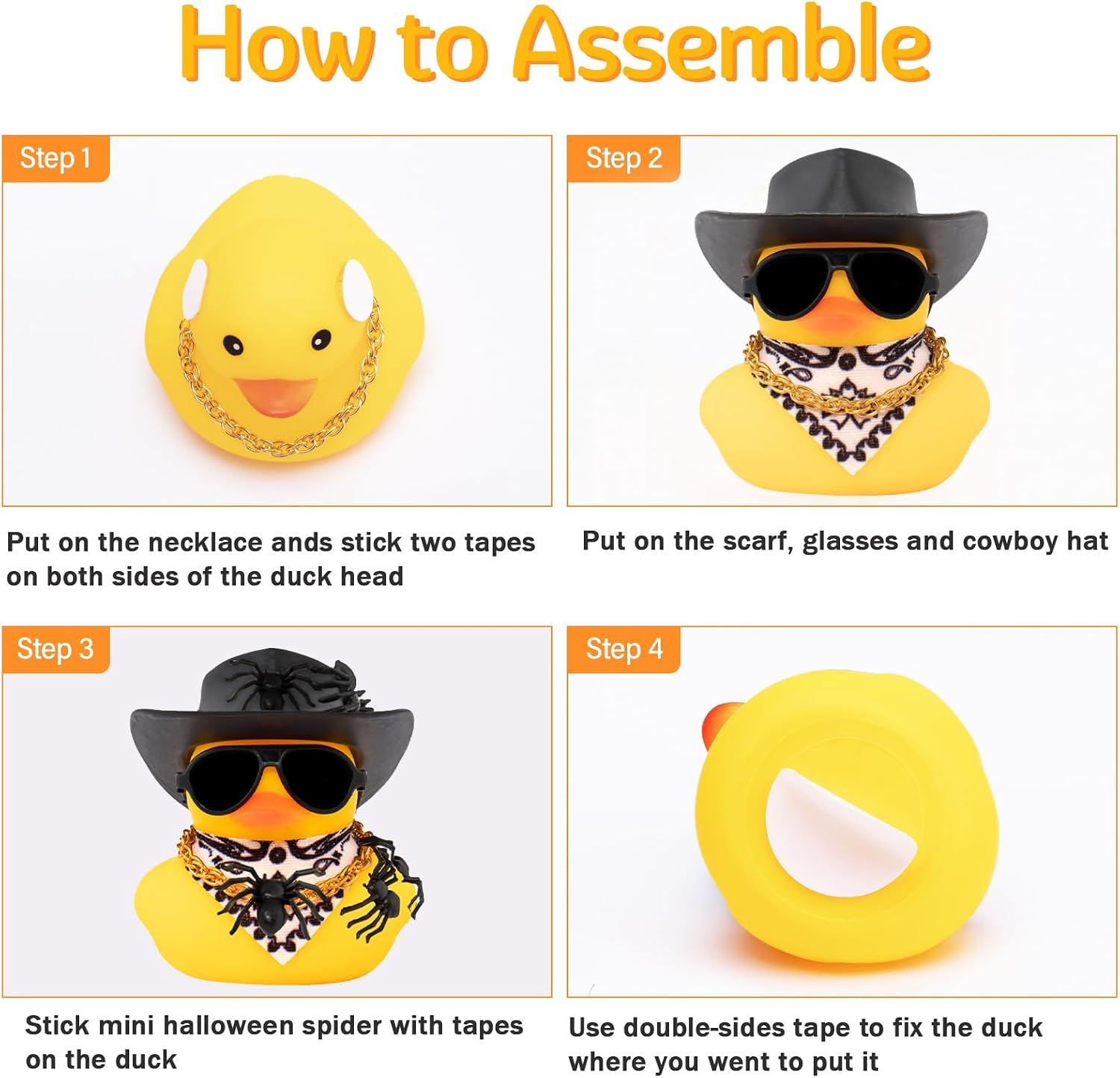 wonuu Car Dashboard Rubber Ducks for Halloween, Decorations Duck for Office Desk Ornament Accessories with Cowboy Hat Heart Glasses Spider Chain Scarf, for Halloween Party Gifts (Black)
