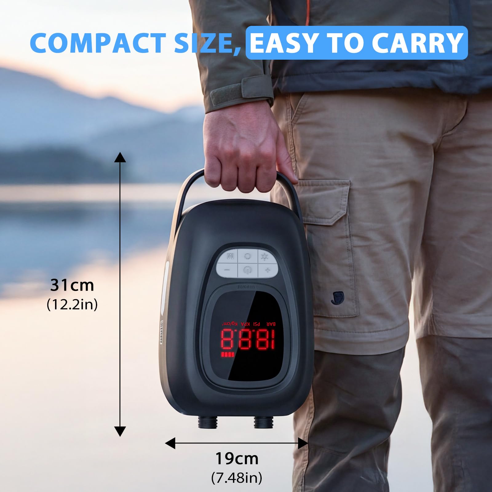 Bomba de Aire Electrica 20 PSI para Sup, con Batería de Alta Capacidad de 15600 mAh, Inflado y Desinflado Inteligente de Doble Etapa, Ideal para Tablas de Paddle Surf, Cometas y Tiendas de Campaña