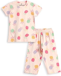 PEGAN Girls 100% Cotton Co-ord Set | Half Sleeve Top & Capri Pants for Kids | Comfortable & Stylish Nightwear Set | Premiu... Price In India