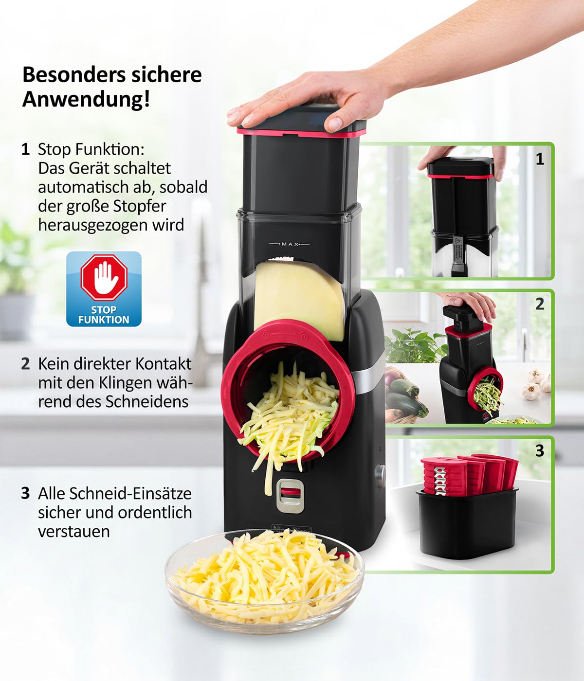 Genius Nicer Dicer Electro Gemüsehobel elektrisch 25 tlg, Gemüseschneider automatisch, Käsereibe für Gemüse, Obst, Nüsse, 6 Extrascharfe Einsätze, Ein-Knopf, Einfache Reinigung, Leistungsstark