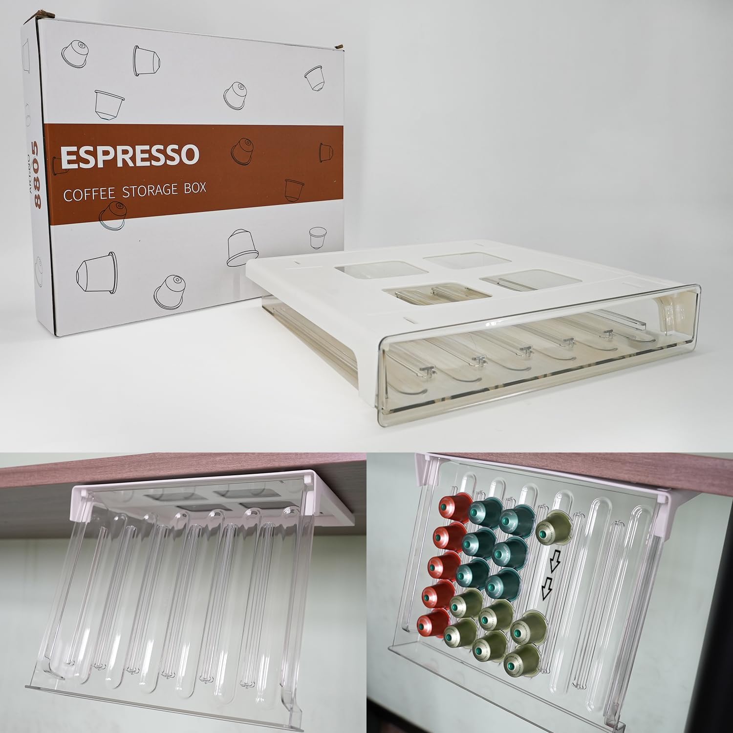 Under Cabinet Coffee Pod Drawer, 30 Pod Capacity, Compatible with Nespresso, Adhesive Sliding Storage Organizer