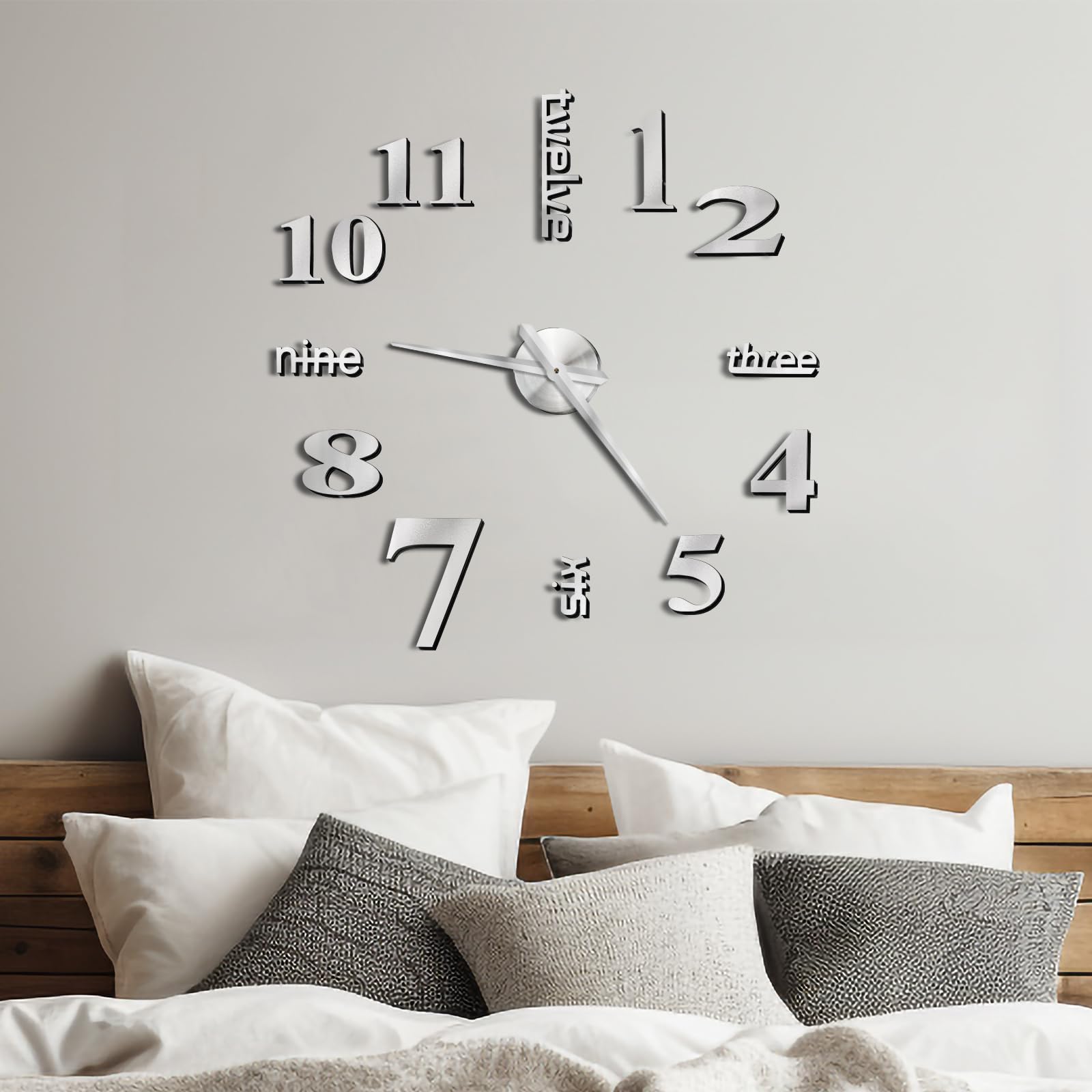 DIY Modern Wall Clock, 3D Frameless Wall Clock, Large Mirror Sticker Wall Decor for Living Room, Dining Room, Bedroom (Silver)