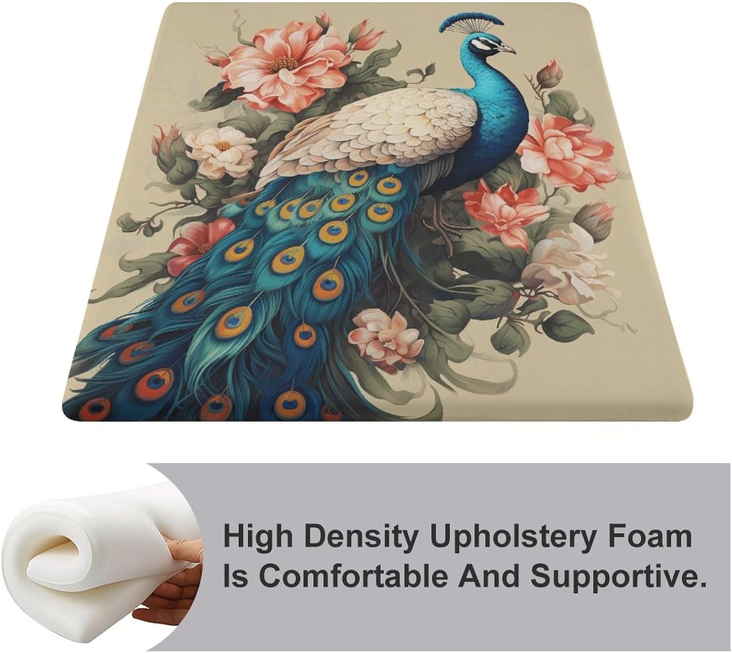 Peacock and Flowers Chair Cushion Floor Pillow Stool Cushion | Cushions with Removable Cover with Square Memory for for Chair Living Room Balcony Office Sofa,13.8*15*1.2 Inch