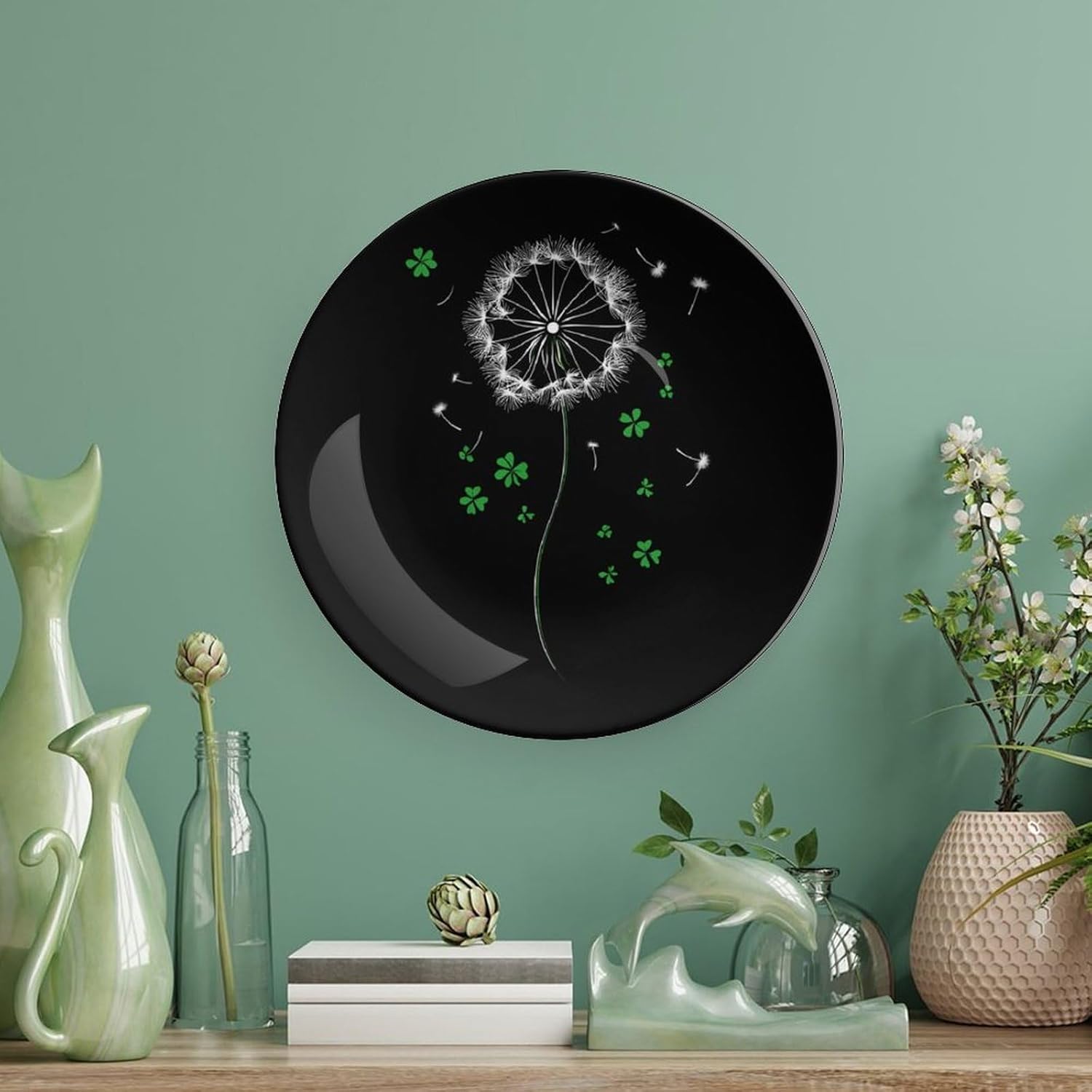 Lucky Clover Dandelion St Patricksday Bone China Decorative Plate with Stand Home Dessert Plates Gift for Men Women 6inch