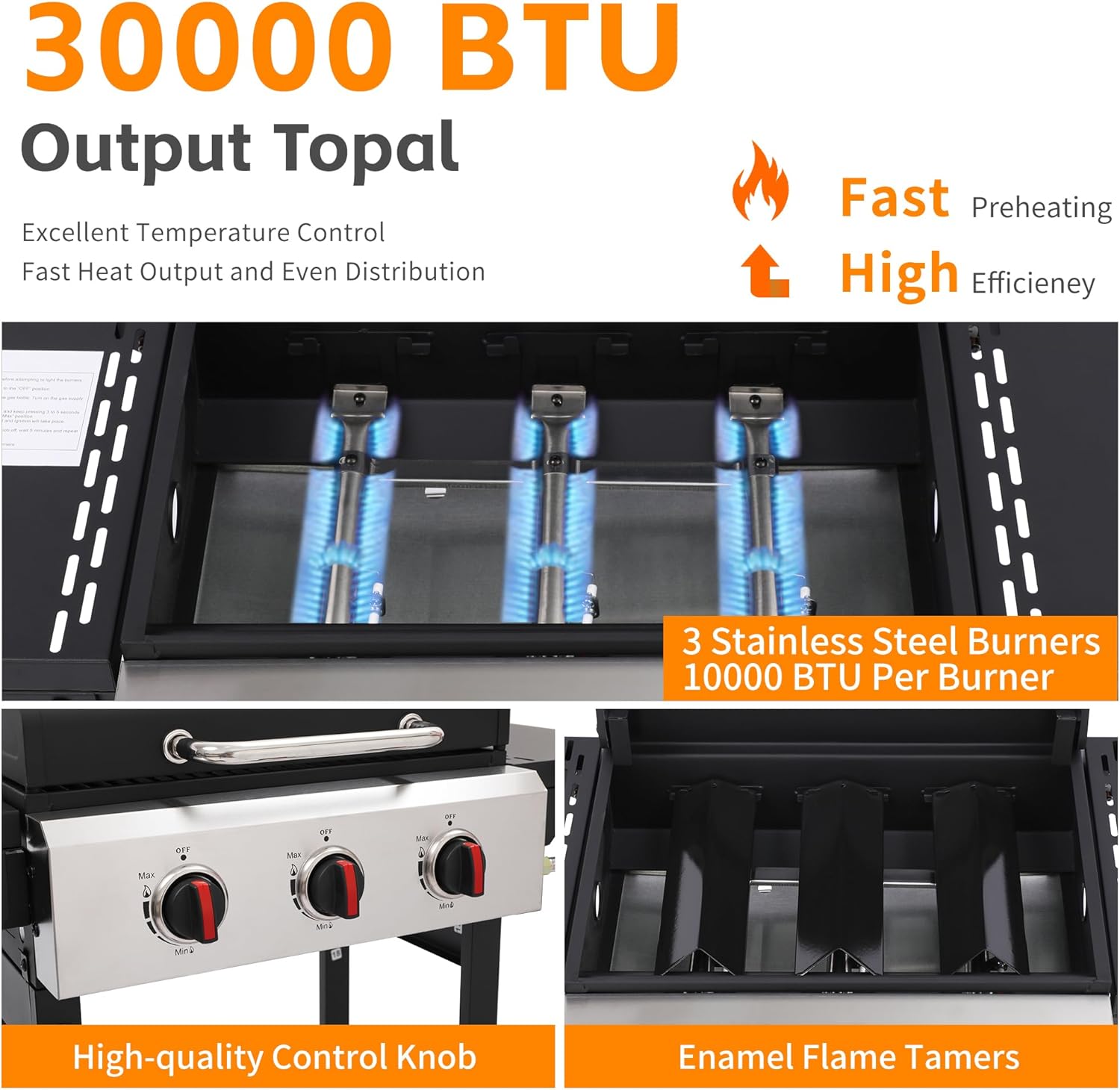 3-Burner Propane Gas Grill with Cast Iron Grate - 30000 BTU Output & Easy-Clean Grease Management for Perfect BBQs (3-Burner)