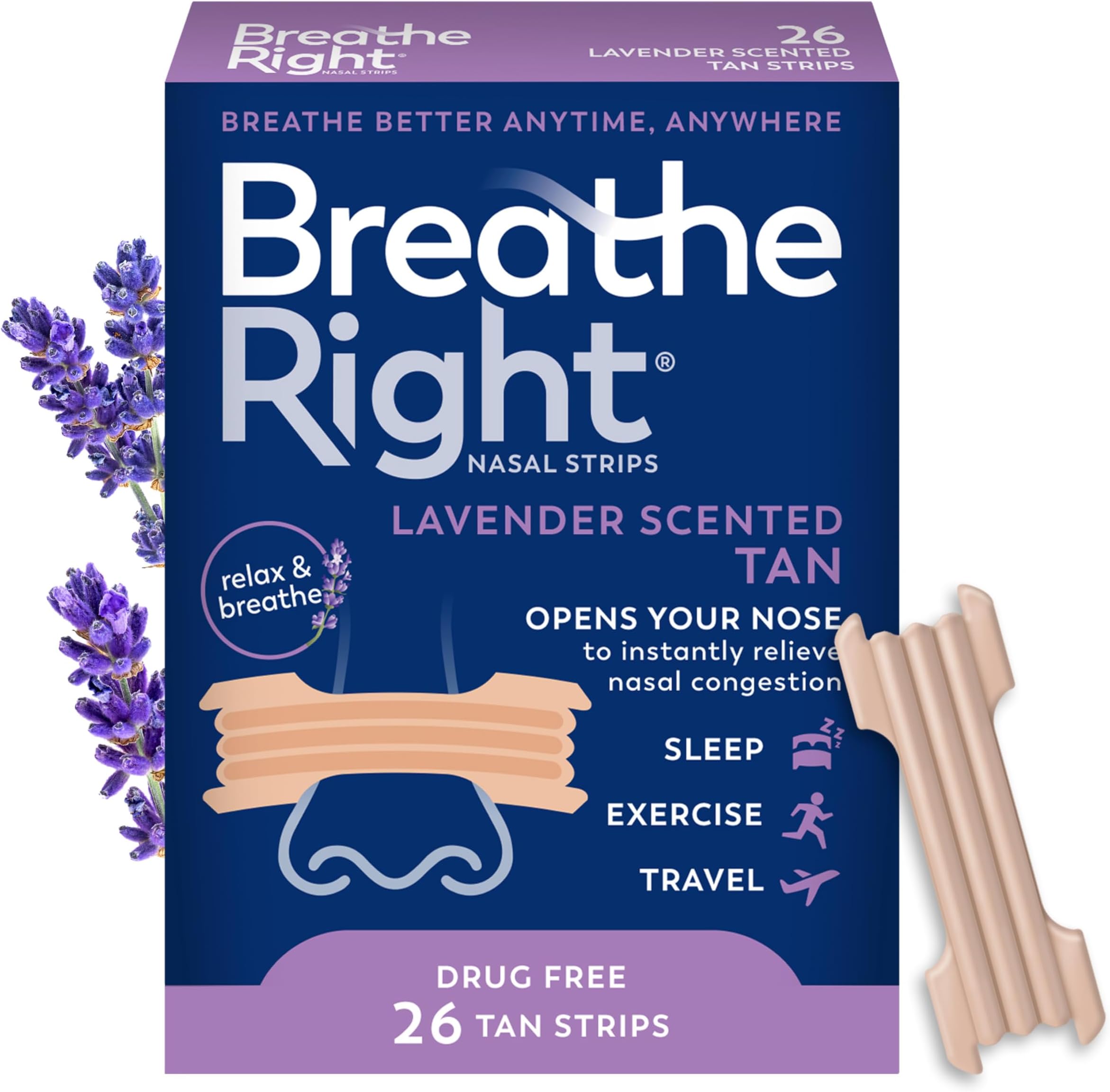 Breathe Right Nasal Strips Lavender Scent, Extra Strength Tan Nose Strips for Nasal Congestion Relief Caused by Colds & Allergies, Better Breathing, Less Snoring, Drug-Free, 26 Ct (Packaging May Vary)