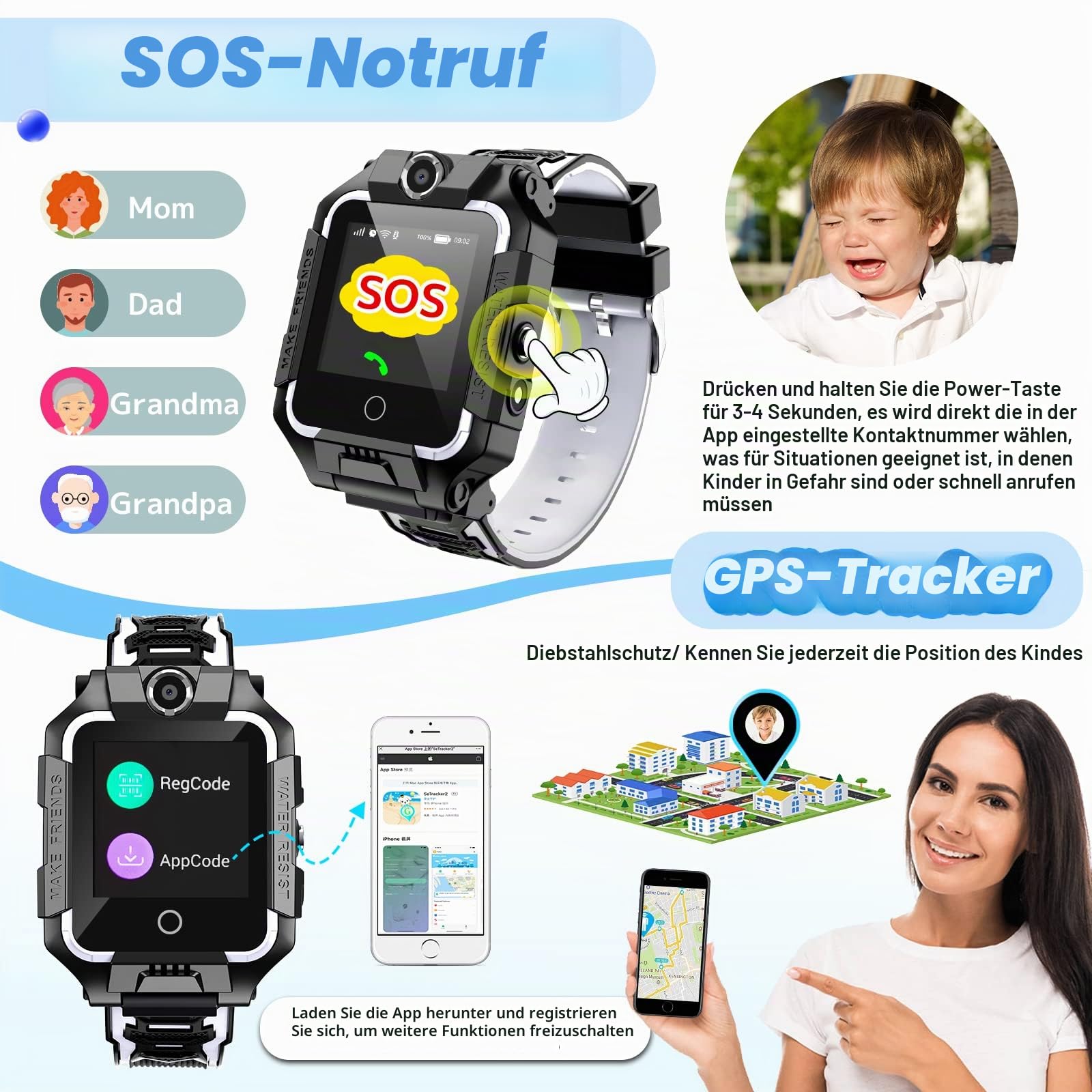 LiveGo 4G Smartwatch für Kinder Mit GPS-Tracker, HD-Touchscreen, Handy Uhr, SMS, Videoanrufe, SOS, Schrittzähler - Für Jungen Und Mädchen 6-12 (T10