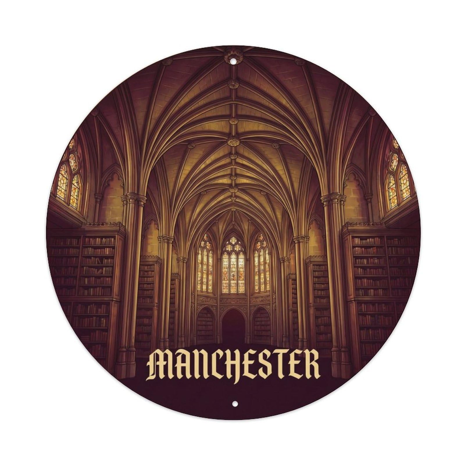 Manchester John Rylands Library Gothic Travel Landmark Metal Tin Sign Plaque Wall Decor for Cafe, Man Cave, Club Bar, Office, Home Garden Round Metal Poster 8x8Inch