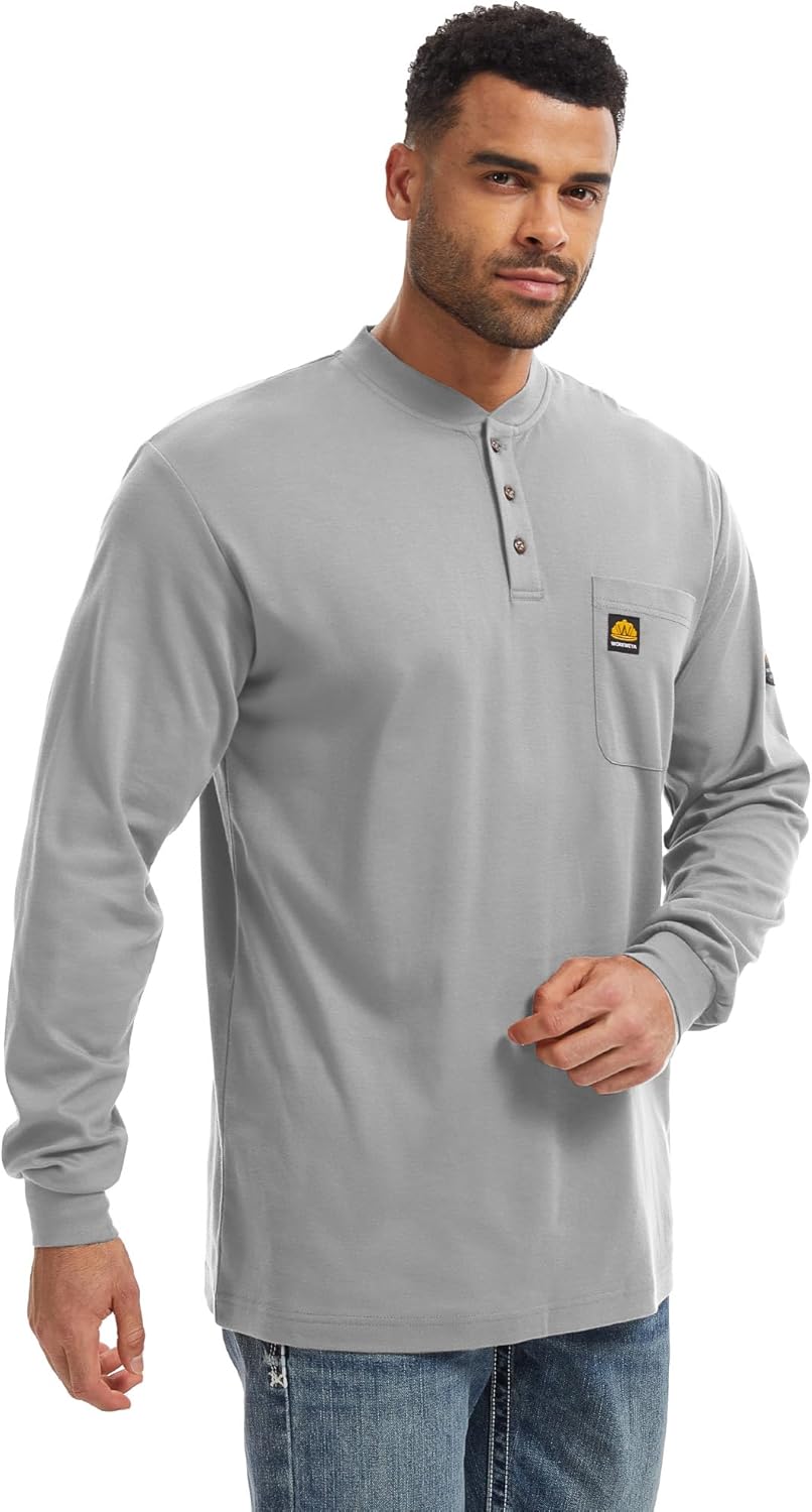 WORKWEYA 6.5oz Flame Resistant Henley Shirt 100% Cotton Lightweight FR Shirts for Men