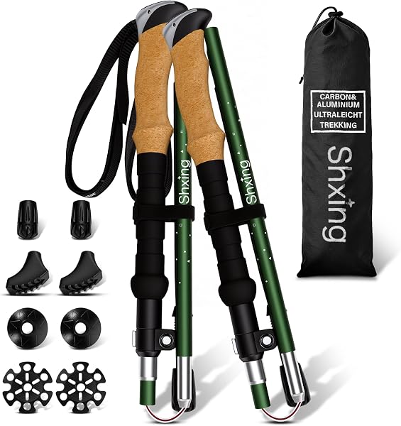 Bâtons de randonnée Pliables (Lot de 2), Carbone 3K et Aluminium 7050, Réglables 110-135 cm, Poignée en Liège + Extension EVA, 35 cm Pliés, pour Randonnée, Voyage et Marche Nordique (Vert) - 1