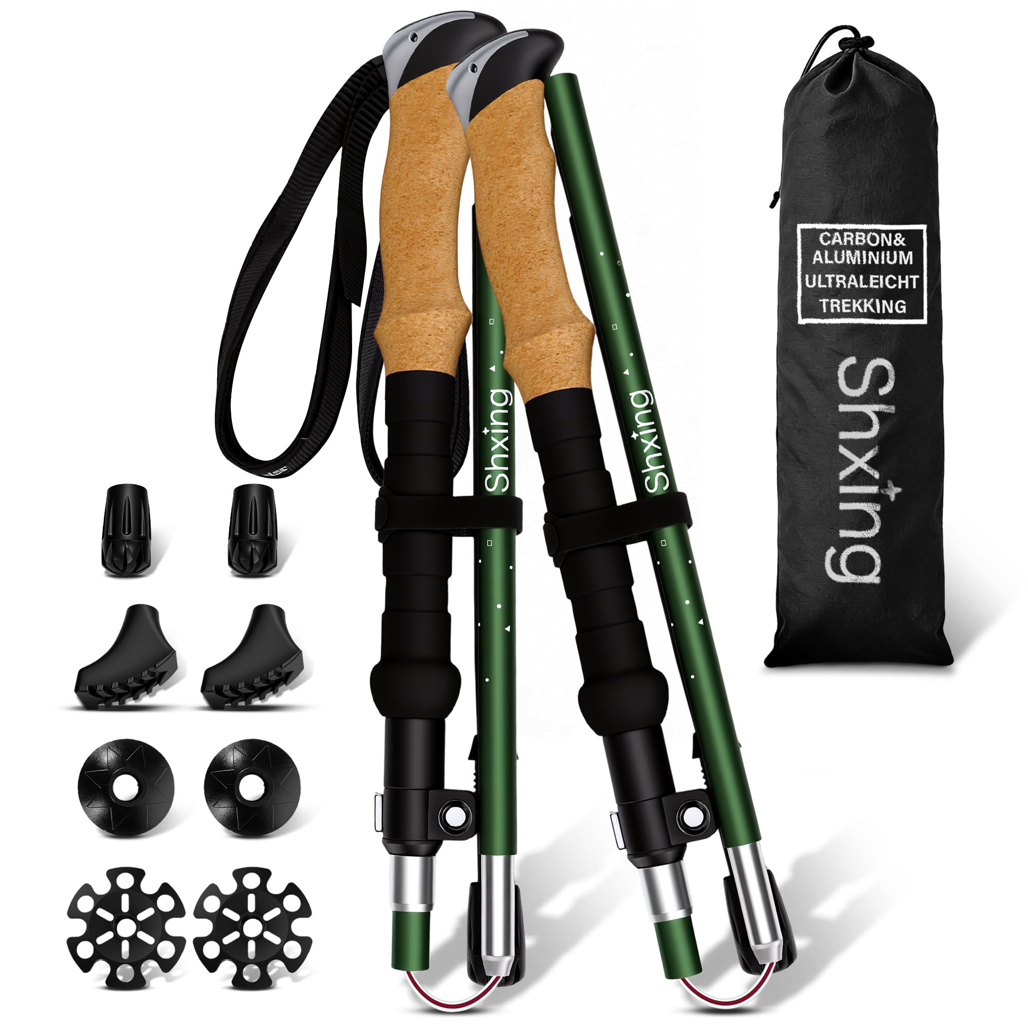 Bâtons de randonnée Pliables Lot de 2, 35 cm, Carbone-alu | 35 cm pliés; réglables 110–135 cm; carbone 3K + alu 7050; liège + EVA; housse & embouts pour randonnée/trek