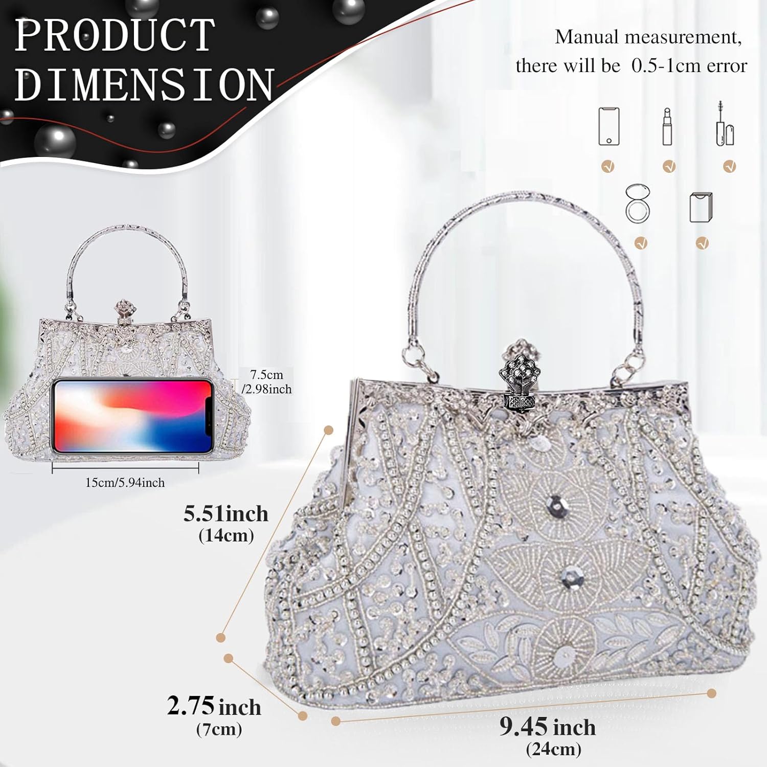 Selighting 1920s Vintage Beaded Clutch Evening Bags for Women Formal Bridal Wedding Clutch Purse Prom Cocktail Party Handbags | 1920s, Vintage, Beaded, Formal, Bridal, Wedding - Image 4